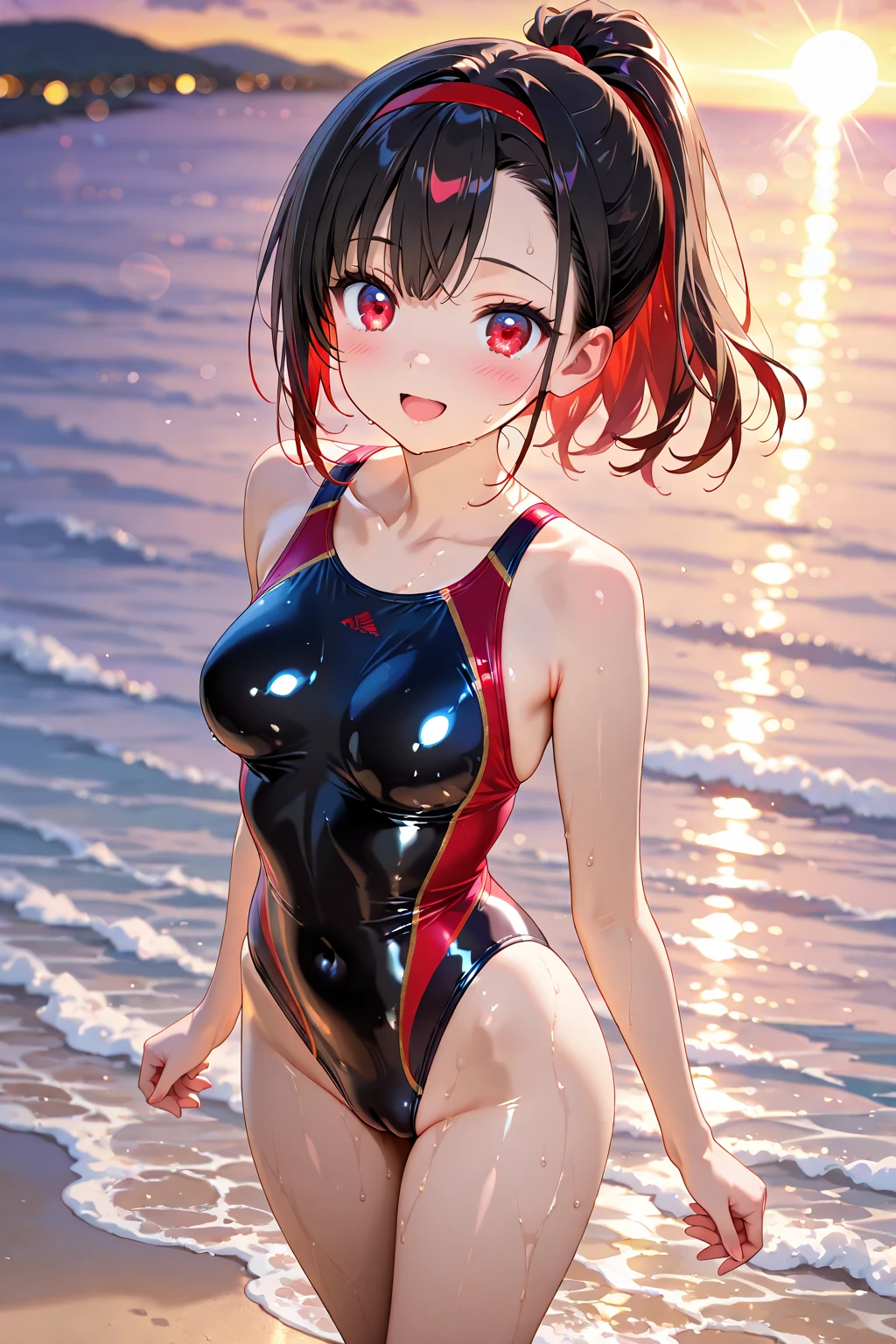 NSFW,masterpiece,Highest quality,High resolution,Super detailed,Nekone \(Utawarerumono\),Brown Hair、(Red Eye:1.3)、ribbon,Twin tails、ヘアribbon、Mole、目の下のMole,Small breasts,High-quality sexy swimwear,beach,Palm tree,Rock Shade,Embarrassed,blush,(Seduce)
