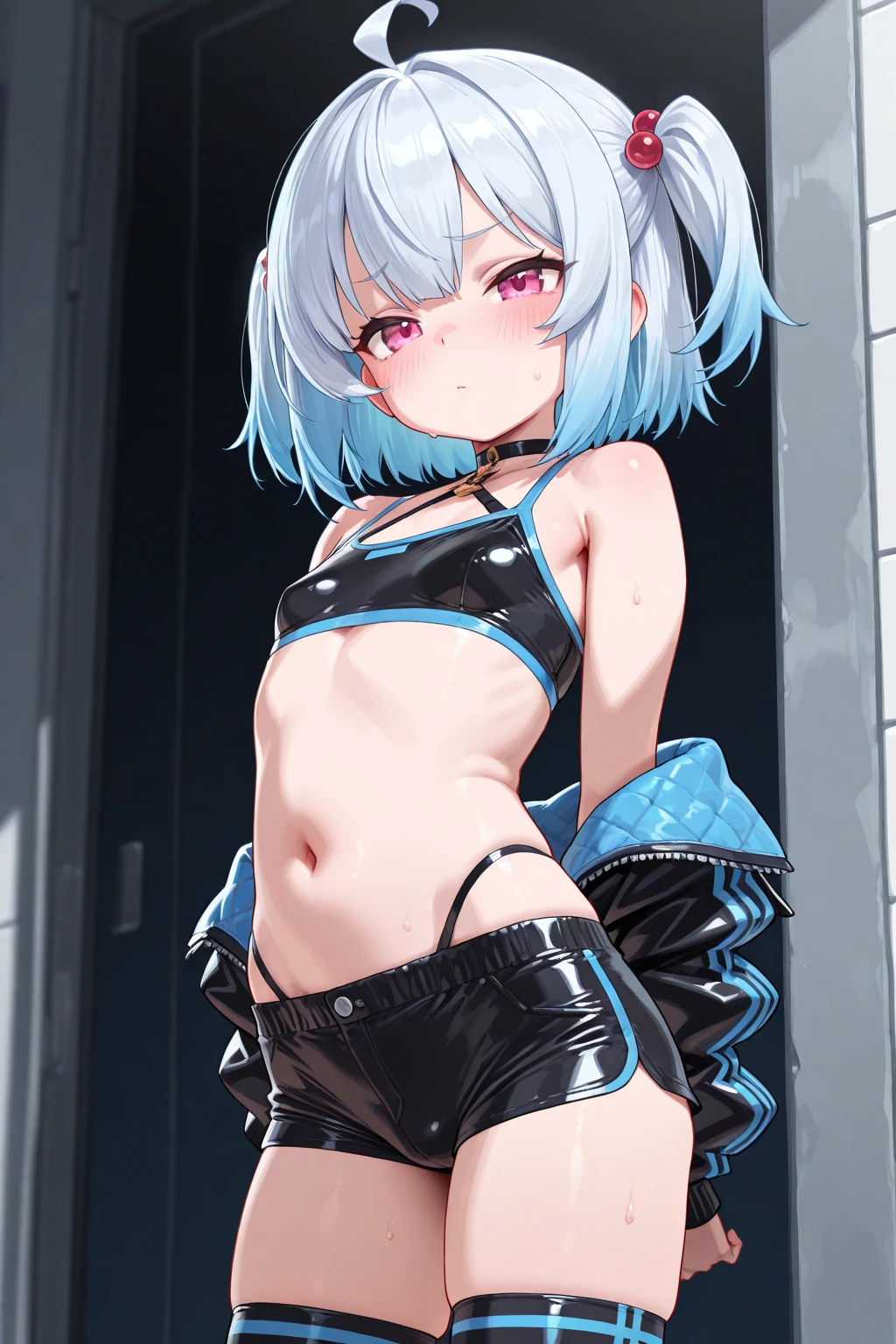 Evangelion Cockpit,Masterpiece portrait of a smiling Rei Ayanami (Evangelion), Evangelion (Hideaki), Caustics, High resolution illustration,14years, Red Eyes, Feminine, no pupils, Blue hair, Short hair, Very small breasts,Japan school uniform, lowfers, swpunk, Synth Wave, Paint splatters, shaded flat illustration, Digital Art, Trending on ArtStation, Highly detailed, Fine detail, Convoluted, Splatter, Outrun, Vaporware, neon color,undergarment,long boots