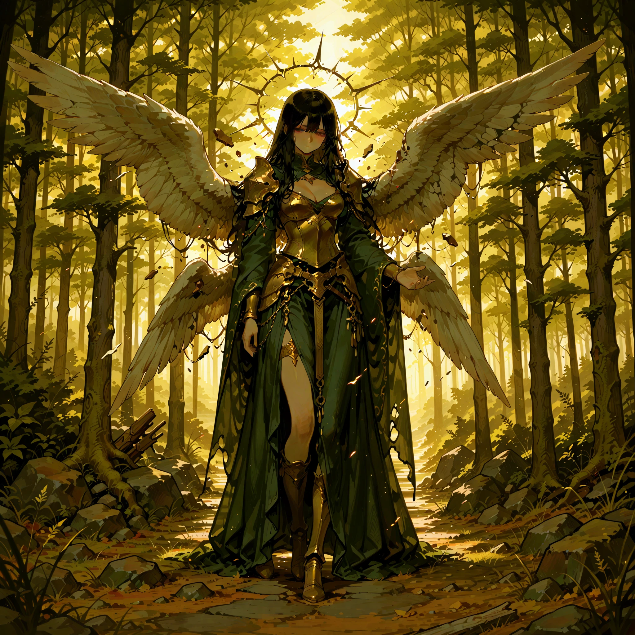 Guardian angel, low-angle, protective pose, CEU, lush tropical forest, vibrant flora, dramatic cloudy sky, celestial figure, cinematic monochrome backdrop.