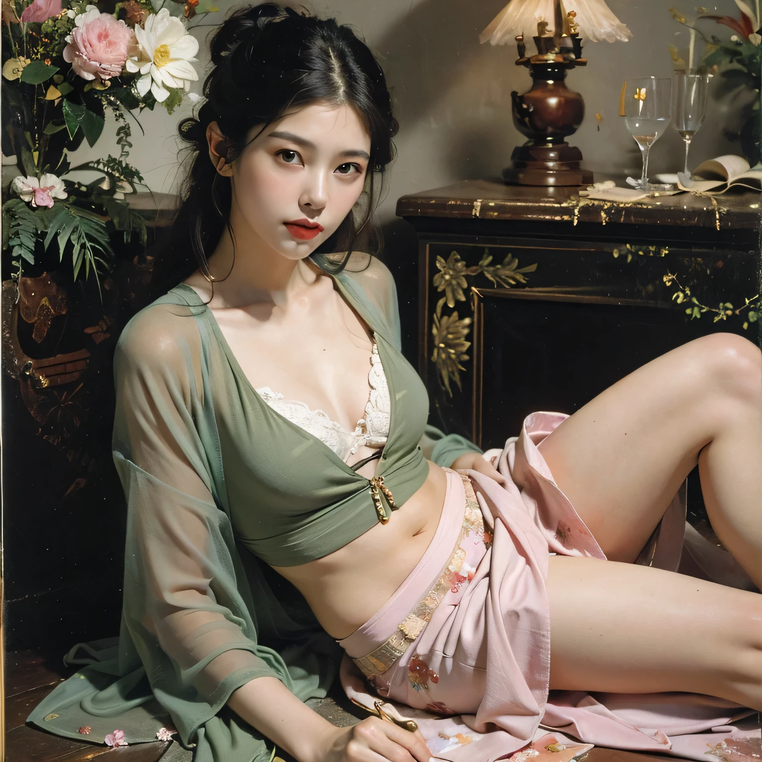 Asian woman sitting on bed in green dress, Jingtian, wearing sexy lingerie, Zhongyuan festival, sexy girl, cute woman, gorgeous Chinese model, sexy: 8, Japanese goddess, lingerie beauty, sakimichan, lingerie, young sexy gravure idol, 8k))
