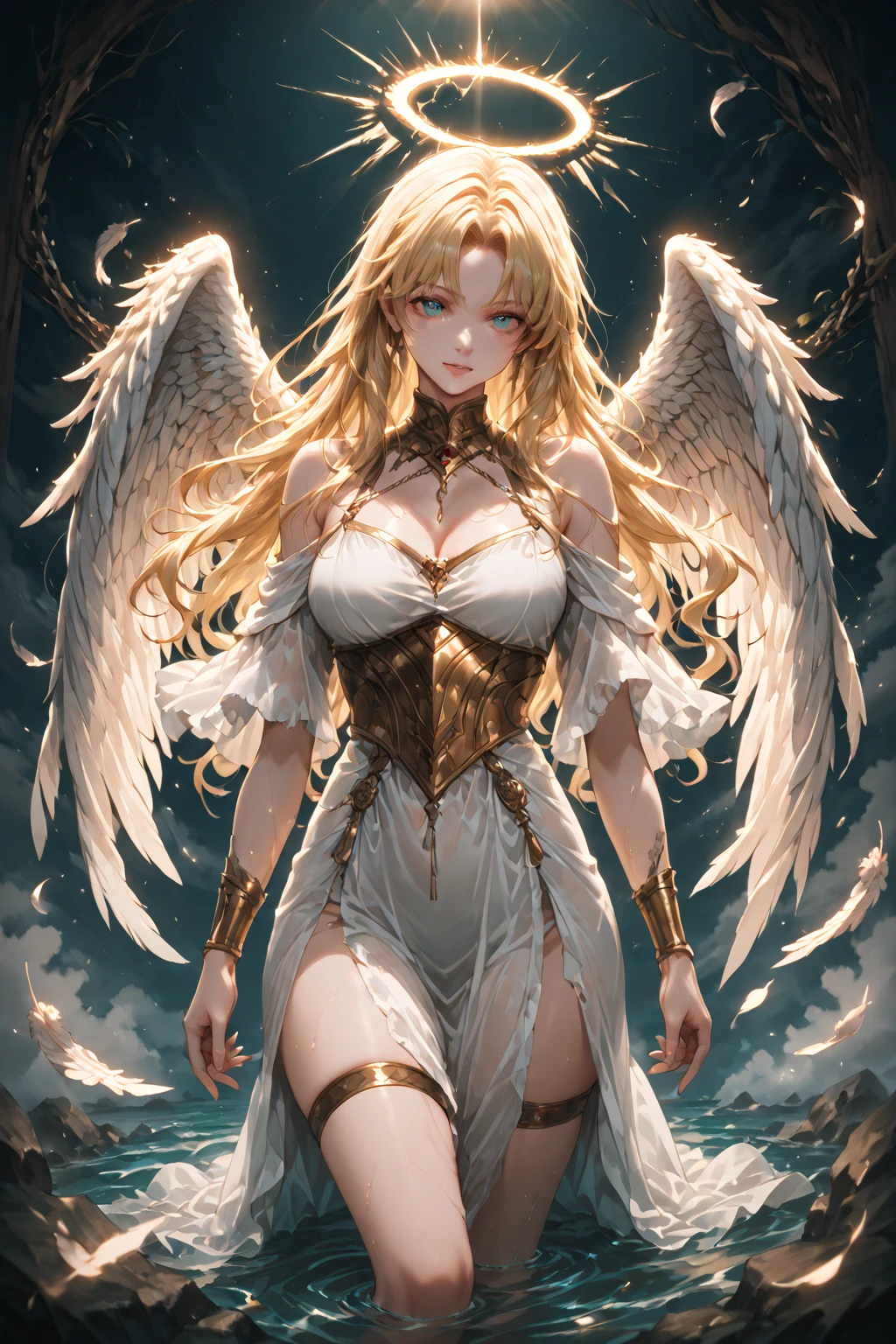 beautiful busty Angel, Wearing luxury dresses with intricate embroidery with golden threads that covers the whole body, luxury gowns with intricate embroidery with golden threads, Floating in the air, angel wings, (angel ring:1.3), outdoor, detailed face, detailed eyes, detailed lips, detailed nose, detailed foot, full body shot, giga_busty, (covered nipples:1.2)