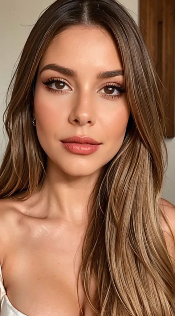 Generate an extremely realistic high-definition image featuring the following:
A 22-year-old woman with a Western European appearance, seated on a bed with white sheets. Her torso is slightly leaning forward, one hand gently resting on the fabric of her short, bright red satin dress, which crosses at the front with a deep neckline and side slit. Her gaze is directed at the camera, with a confident expression and slightly parted lips, conveying a sensual yet controlled demeanor. She wears no visible accessories.
The setting is a modern bedroom with a dark headboard and a light wooden wall featuring vertical grain patterns. The environment is clean, minimalistic, and refined, expressing order and sophistication.
Soft, even lighting, likely from a natural or diffused artificial source, illuminates the model frontally. There are no harsh shadows, creating a warm, inviting atmosphere.
 The overall style is elegant, contemporary, and sensual, with the vibrant red dress standing out against the neutral, harmonious background.
The image should feature precise focus on the model, a slightly blurred background, subtle depth of field, and no overused filters or visual effects.
Model’s Physical Features:
Skin tone: Fair, smooth, and luminous with a soft golden undertone


Hair: Very long, voluminous, wavy light blonde with golden highlights


Face shape: Oval, soft and symmetrical features


Eyes: Almond-shaped, green-gray, serene expression


Lips: Moderately full, balanced, natural rosy tone


Nose: Straight, fine, subtly defined at the tip


Eyebrows: Dark blonde, natural, medium thickness with a slight arch


Eyelashes: Long, fine, well-defined


Neck: Medium length, delicate and smooth
