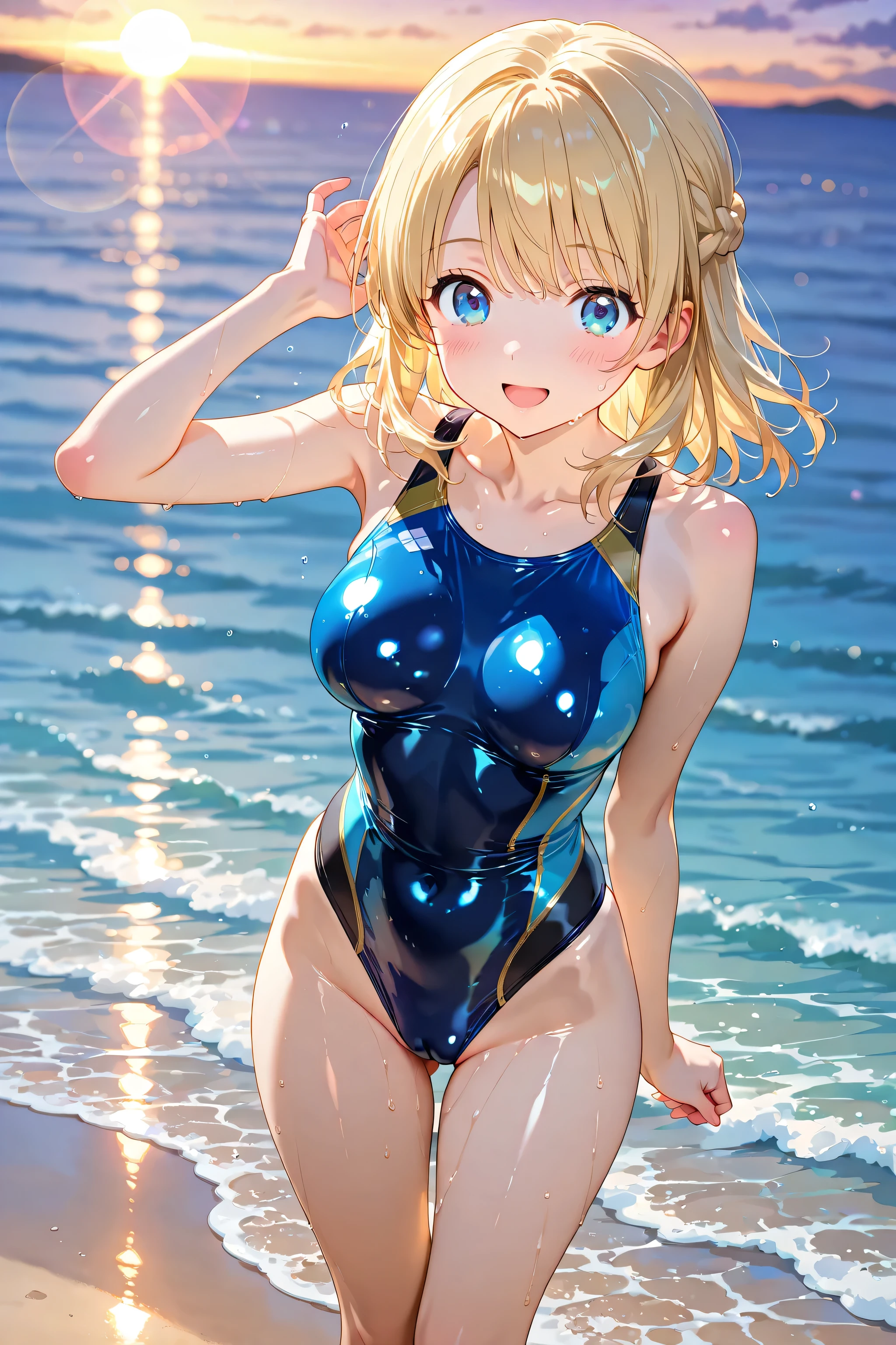Japanese Anime style, super fine illustration, highly detailed, dynamic angle, beautiful detailed, pretty & charming anime girl with blonde straight short hair & blue eyes & a smile wears a swimsuit, blue lights, solo, perfect fingers, Japanese  anime style.