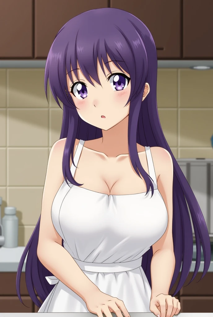 naked apron, kitchen, Black Hair, bow, Weaving,Long hair,Purple Eyes,1 girl, 20 years old,Young women,beautiful Finger,beautiful long legs,beautiful Body,beautiful Nose,beautiful character design, Perfect eyes, perfect Face,Expressive eyes, Looking at the audience, In the center of the image,(superior_Body),(Focus on her Face), Official Art,Extremely detailed CG unity 8k wallpaper, Perfect lighting,rich and colorful, bright_front_Face_light,Glowing skin, (masterpiece:1.0),(the best_quality:1.0), 超high resolution,4K,Extremely detailed, photography, 8K, Human Development Report, high resolution, absurd:1.2, Kodak Portra 400, Film Grain, Blurred background, Bokeh:1.2, lens flare, (Energetic_color:1.2) (beautiful_breast:1.3), (beautiful_Face:1.5),(narrow_waist), smile, happy, Redness, shy, full body, 苗条的Body,Perfect hands, Clean fingers, Perfect fingers,full hand