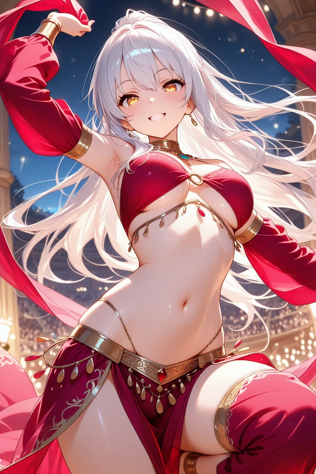 masterpiece,best quality,highres,illustration,hyper detailed,8k cg wallpaper,ray tracing,((white hair:1.2)),((long hair:1.2)),((red eyes:1.2)),((straight hair:1.2)),medium breasts,(hiten1:0.8),<lora:add_detail:1>,((dancer:1.2)),((underboob:1.2)),((criss-cross halter:1.2)),((halterneck:1.2)),((harem outfit:1.2)),((navel:1.1)),((pelvic curtain:1.2)),((revealing clothes:1.2)),((ponytail:1.1)),((gold trim:1.2)),smile,