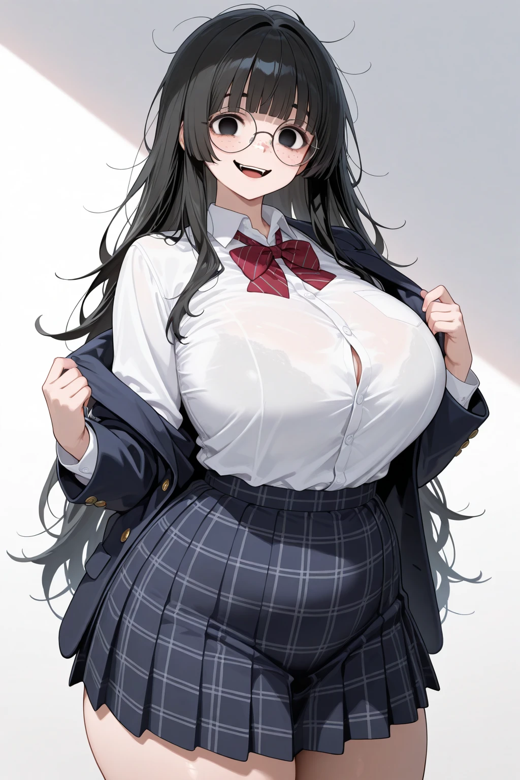 1girl, black hair, long hair, blue eyes, red glasses, glasses, blue eyes, huge breasts, thick thighs, mature female, (school uniform), black shirt, shirt, dark blue shirt, white skirt, pantyhose, shy, timid, miniskirt, ((white skirt)),