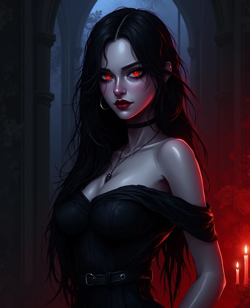 Portrait, Yong woman, long hair, black Gothic dress with , mascara on eyes, full black lips, dot, black jewelry, cleavage, tiny breasts, opened mouth, (vampire sharp teeths:1.2), (realistic lights and shadows, 8k)