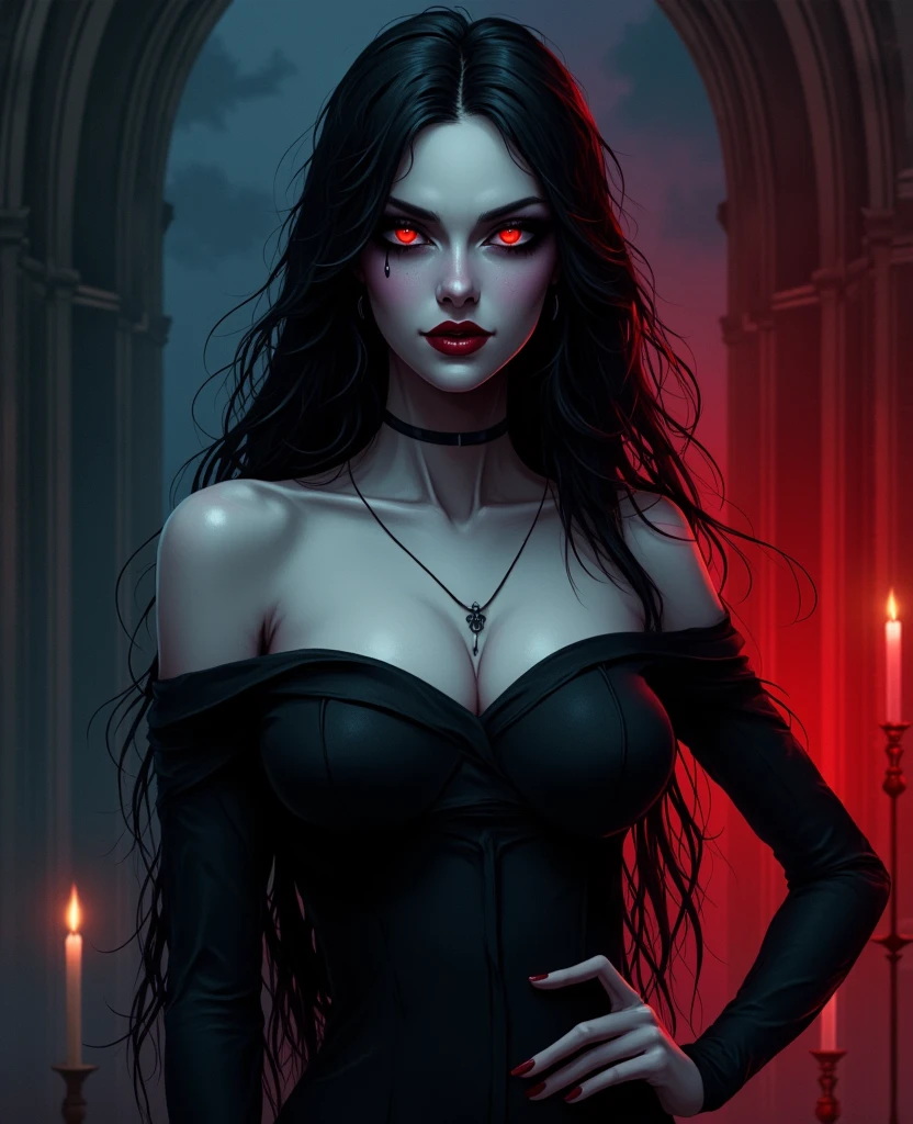 a close up of a woman with long black hair and a black dress, dark fantasy style art, beautiful elegant demon queen, artgerm. anime illustration, dark fantasy art, beautiful vampire queen, style artgerm, gothic fantasy art, fantasy dark art, beautiful succubus, beautiful vampire female queen, alena aenami and artgerm