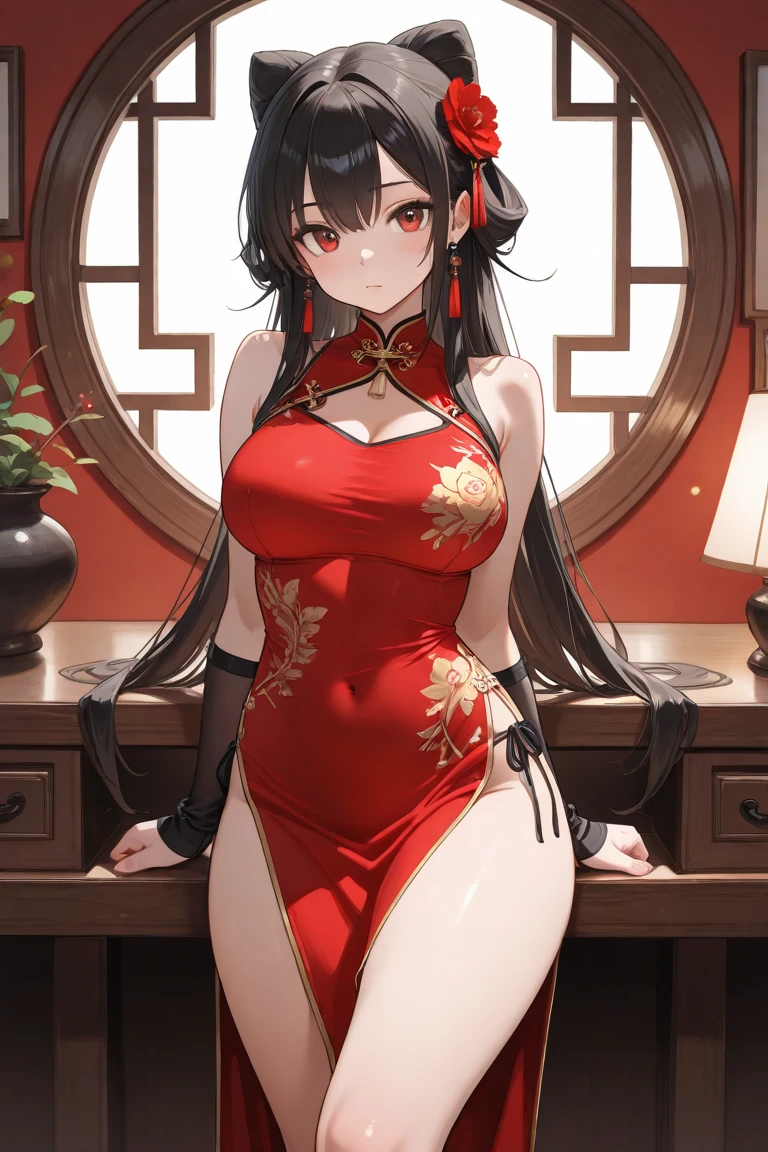 Masterpiece, Superb Body, Extremely Normal Body, Cave House Flower Candle Night, Wedding Scene, (((Single)) (Kneeling Position) Mature Woman, Chinese Style, (Royal Sister), Chinese Costume Red Wedding Dress, Hair Bun, Black Long-haired Woman, (Embroidered Cloth Shoes ++), Black Stockings, Red Lips, Gentle, Intellectual, Three Bands, Wedding Background, Shun, Red Lantern, Festive Atmosphere, Face Close-up, Face Close-up