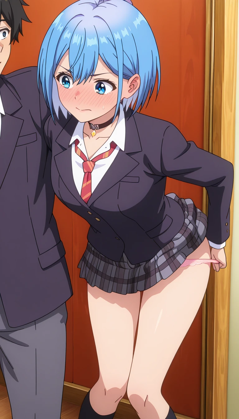 Beautiful lighting, One Girl, solo, Akane, White shirt, (((skirt))),Sweater vest, Black vest, Blue tie, ((Anime Style))、((2D))、Laughter、Open your mouth、Look forward,((Cotton panties with crotch)),(((skirtめくり, I can see your pants))),squat,From below,
