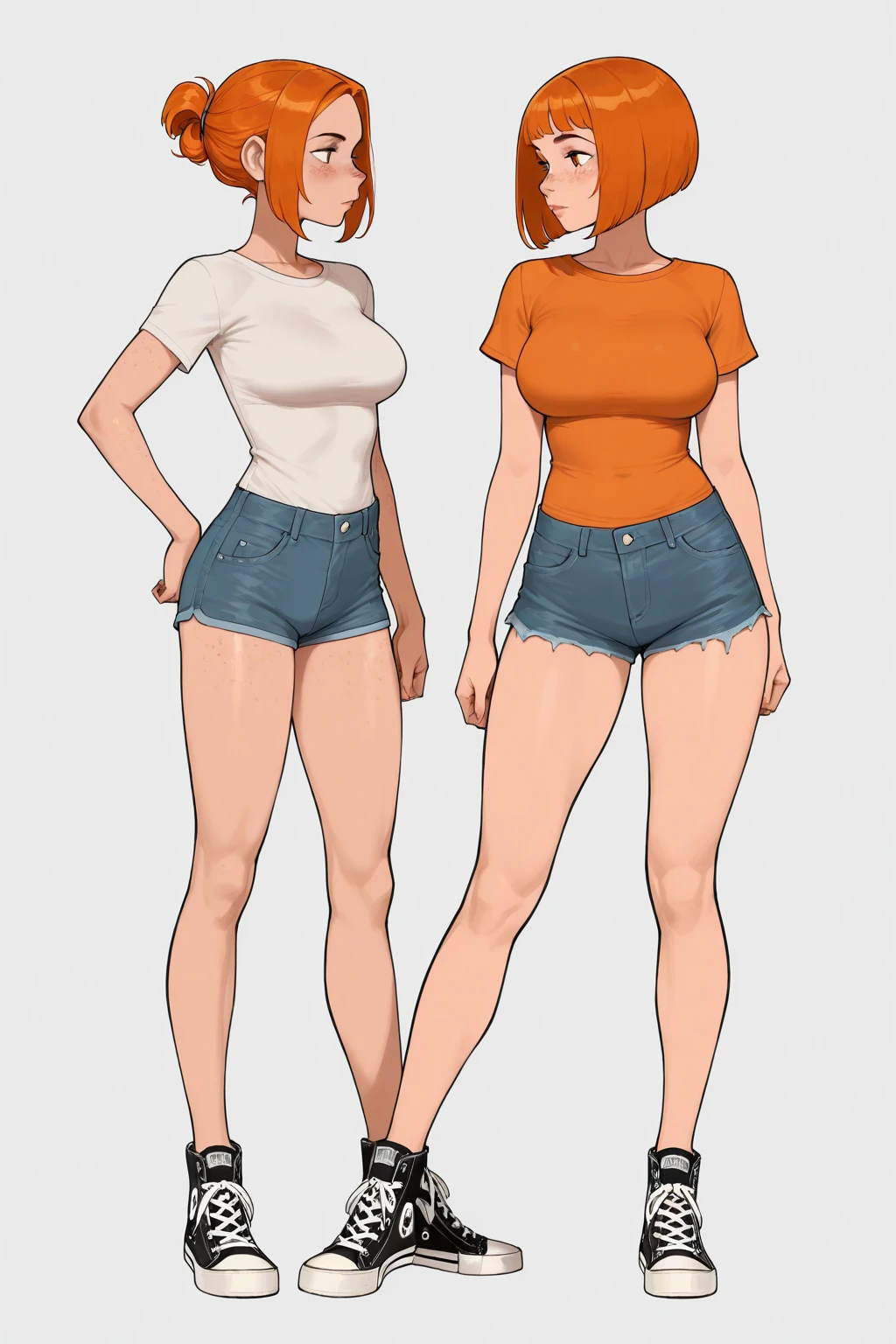 girl, solo, full body, from head to toe, standing, (Huge_Breasts:1.3), beautiful body, perfect body, nice body,

((Character Design Sheet:1.7, character reference sheet:1.7,)),

mahiru shiina, bangs, blonde hair, brown hair, (yellow eyes:1.3),
long hair, shirt, sidelocks, dolphin shorts, hair bun, single hair bun, yellow shirt, dolphin shorts,