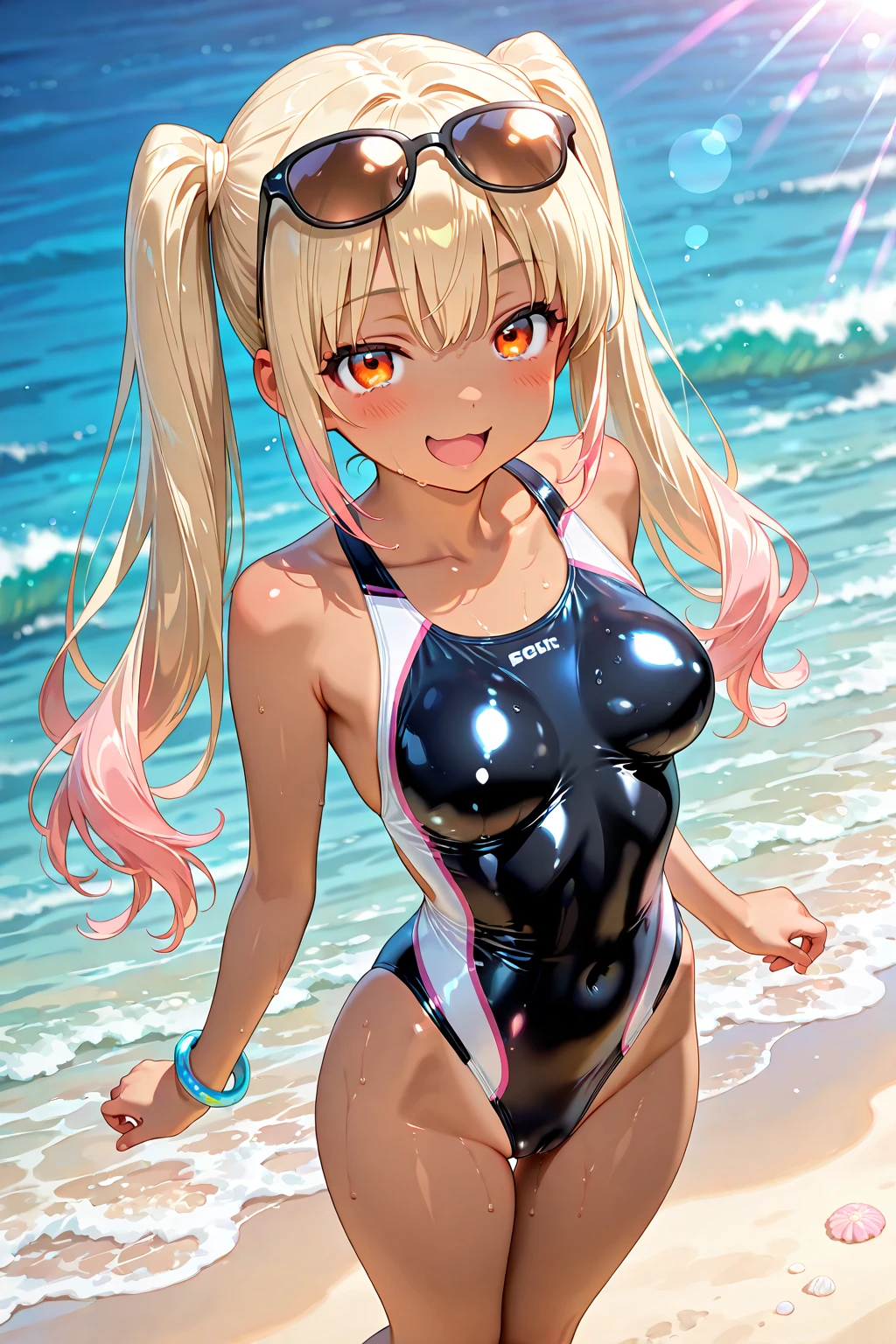 ((young girl ,gyaru)) ,flat chestembarrassed, flushed, flushing,((stripe swimsuit))black hair,