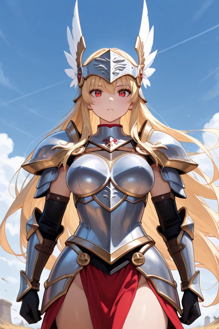 masterpiece, best quality, <lora:EPfeJade-06:1.0>, EPfeJade, blonde hair, very long hair, large breasts, yellow eyes, armor, full armor, grey armor, high ponytail, highres, looking at viewer, open mouth, plate armor, sidelocks, solo, upper body, castle, courtyard, sun, cloud, sky