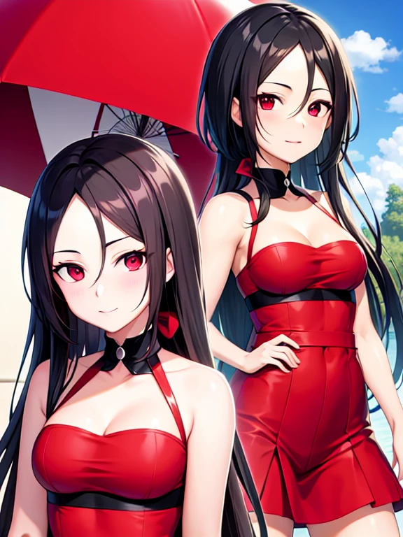 A woman wearing an open red leather jacket, wearing a black bikini, sunglasses on her head, long black hair, red eyes, big breast, smiling, leaning on a motorbike, on a road near the sea, maximum resolution, masterpiece, very detailed , 2k hd
