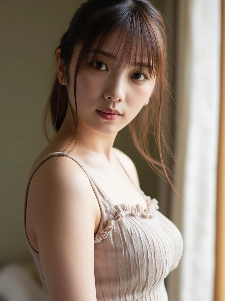 Highest quality, Face Focus, Soft Light, Ultra-high resolution, (Realistic:1.4), RAW Photos,
1 Japanese girl, alone, cute, (pupil, Light in your eyes),  Beautiful face in every detail, (Small box),(High resolution detail of human skin texture),
(Long Hair),
indoor,
Damask Shirt Dress,
(Portraiture)
Swimwear