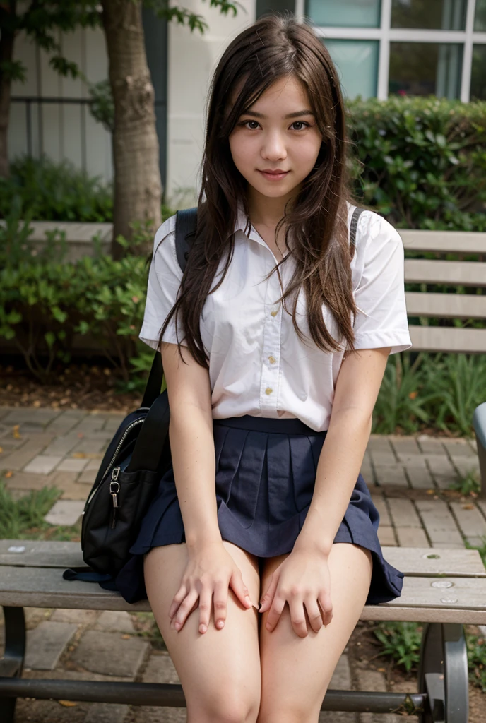 Ultra High Quality, (Live Action: 1.4), Realistic Skin, (Amazing Photos: 1.2), Front Shot, Shot from Below, Japan, Sitting on a Station Bench, 16 Years Old Girl, Panties Visible, Real High School Uniform, High School Skirt, Legs Spread, Angry Look, Masterpiece, Best Quality, (Ultra Detail: 1.5), (Realistic Photos: 1.27), Professional Photography, Soft Light, RAW Photos, 16K, high resolution, high resolution, high detail skin, high detail face, from the front, looking at the viewer, breaking (cowboy shot;1.2)