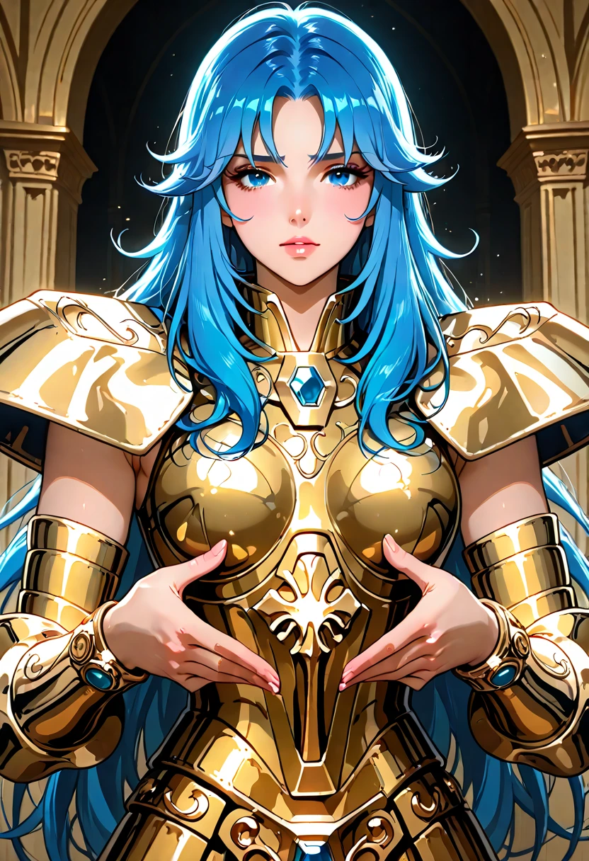 dermis,Asian skin color,The thighs show the skin,Plump breasts, Ultra-high saturation(tmasterpiece), fully body photo,(best qualtiy), (1girll),super wide shot, sface focus, Wearing golden Pisces armor, sexy armor,No underwear,Naked,A red rose in his mouth,Bling armor,Fine fine skin,Expose your chest,Expose the waistline,Exposing thighs,cool-pose, Saint Seiya Armor, messy hair,highly detailed realistic photograph of,god light, super sharp focus, Ultra high quality, vibrant, (extremely giant breasts:1.7), (Bare breasts:1.4), , Long hair, (Shiny skin:1.4), shiny lip, Very big ass, Symmetrical detail surface, shades, Sexy, Masterpiece,Ultra-high saturation,hight contrast,High-gloss armor,Smooth skin,Grim expression,Pale blue hair