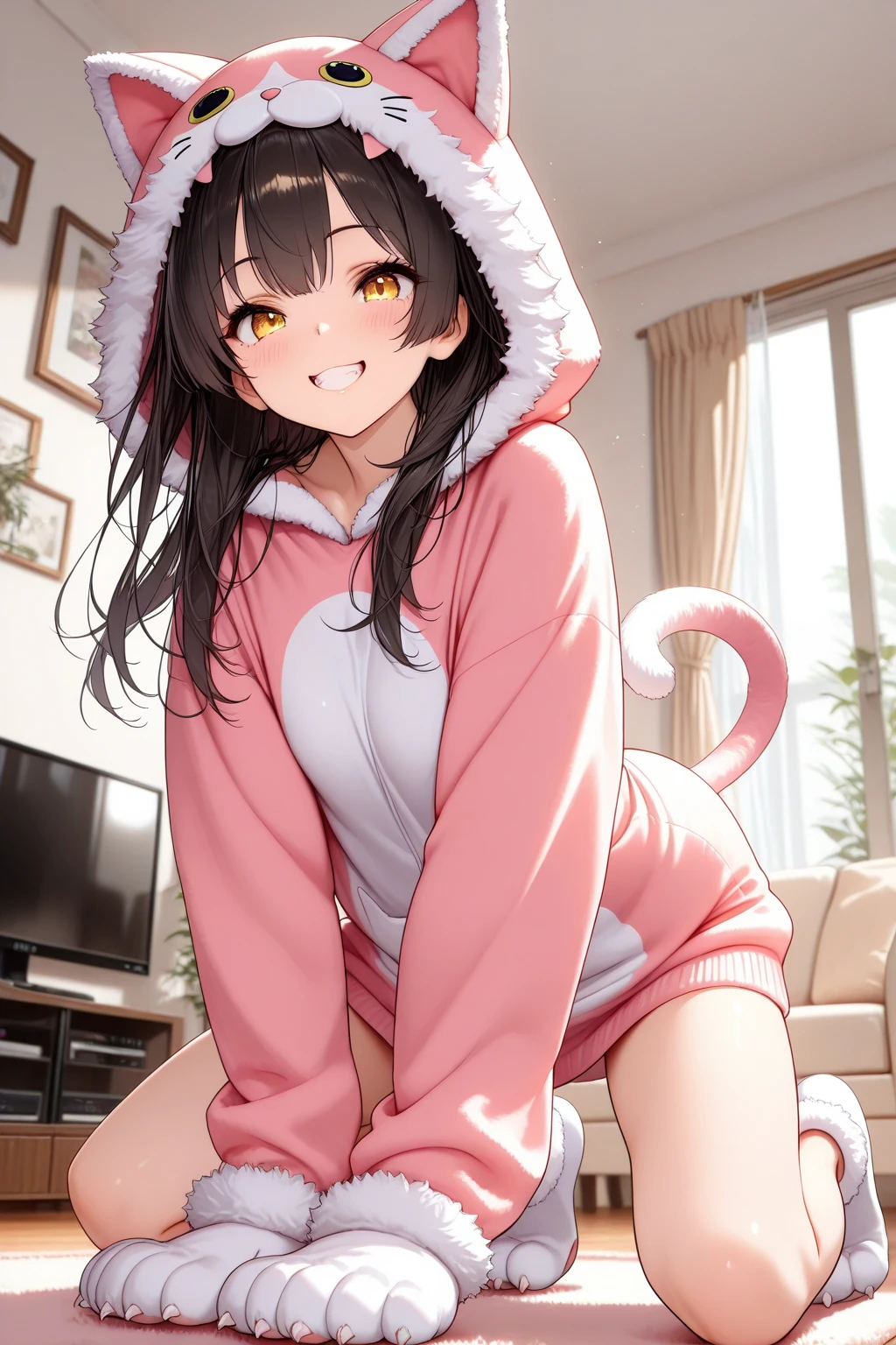 (score_9,score_8_up,score_7_up,score_6_up,score_5_up,score_4_up),masterpiece, top quality, best quality, official art, beautiful and aesthetic, animation, , 1female, solo, women, mature figure, (black hair:1.2), golden pendant earrings, golden hair pin, male pov, living room, male brother sitting on the sofa, 1girl with cat ear and pink hair squatting on the carpet, wearing cute hooded pajamas ,