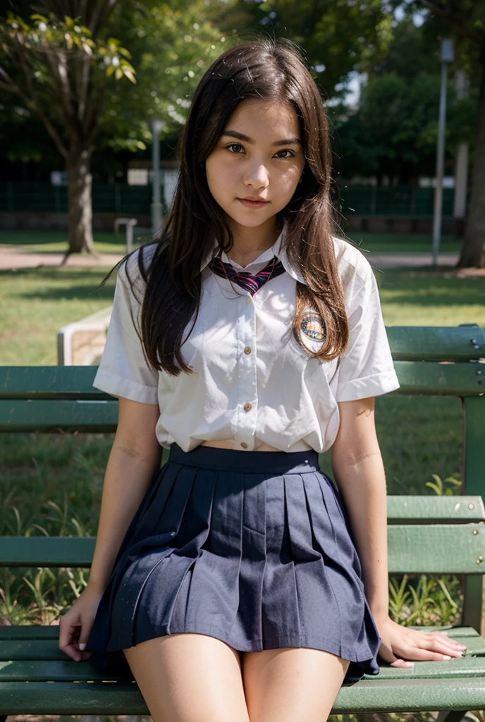 Best-quality, Masterpiece, Ultra-High-Resolution, (Photorealistic:1.4), Raw-Photo, full-body-shot, front-view, from-below, 1girl, the most famous Japanese idol, squatting at stairways, wearing matching Japanese-high-school-uniform, (extremely cute face like the most popular Japanese idol, (extremely beautiful big-eyes)), extremely beautiful hair, extremely beautiful skins, extremely beautiful long-eyelashes, extremely beautiful lips, extremely beautiful short-body, extremely beautiful thighs, innocent-smile, looking at viewer, dynamic-pose, detailed playground, detailed matching-Japanese-high-school-uniform, detailed Panchira,(( dark skin:1.6 ))