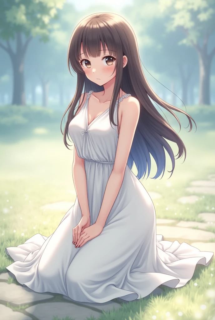 Draw the anime character Mizuhara from Rent-a-Girlfriend. Mizuhara has waist-length chestnut-brown hair with bangs and light brown eyes. Her hair is mostly let down except for a small braid on the right side of her head. She has fair skin and a slim, well-endowed figure with large breasts. Mizuhara is sitting on a open field in the night. Mizuhara is wearing a white dress and bare foot.