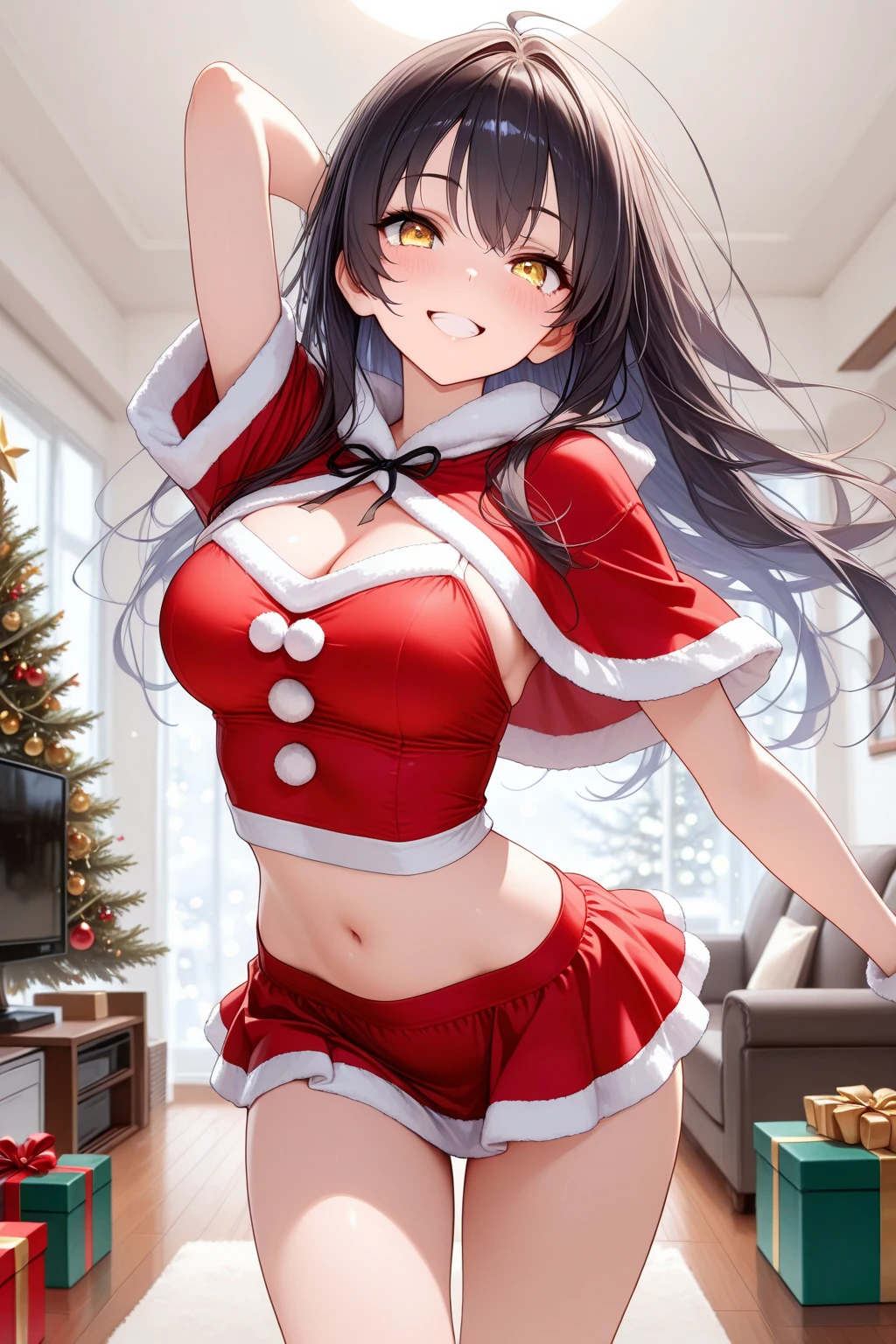 ((uma mulher adulta, 0.5)) sozinho, ChopioHinata, Olhando para o Viewer, franja contundente, cabelos longos, corar, olhos brancos, sem alunos, sorriso sedutor, seios grandes, roupa de Papai Noel, santa hat, belt, Saia Curta, coxas vermelhas, Interior, Sala de estar, Standing, Christmas tree, lareira, brilho quente, bareshoulders, clivagem, medium large ass breasts and defined itching (CG:1.4 extremamente detalhado), faces altamente detalhadas, 4k