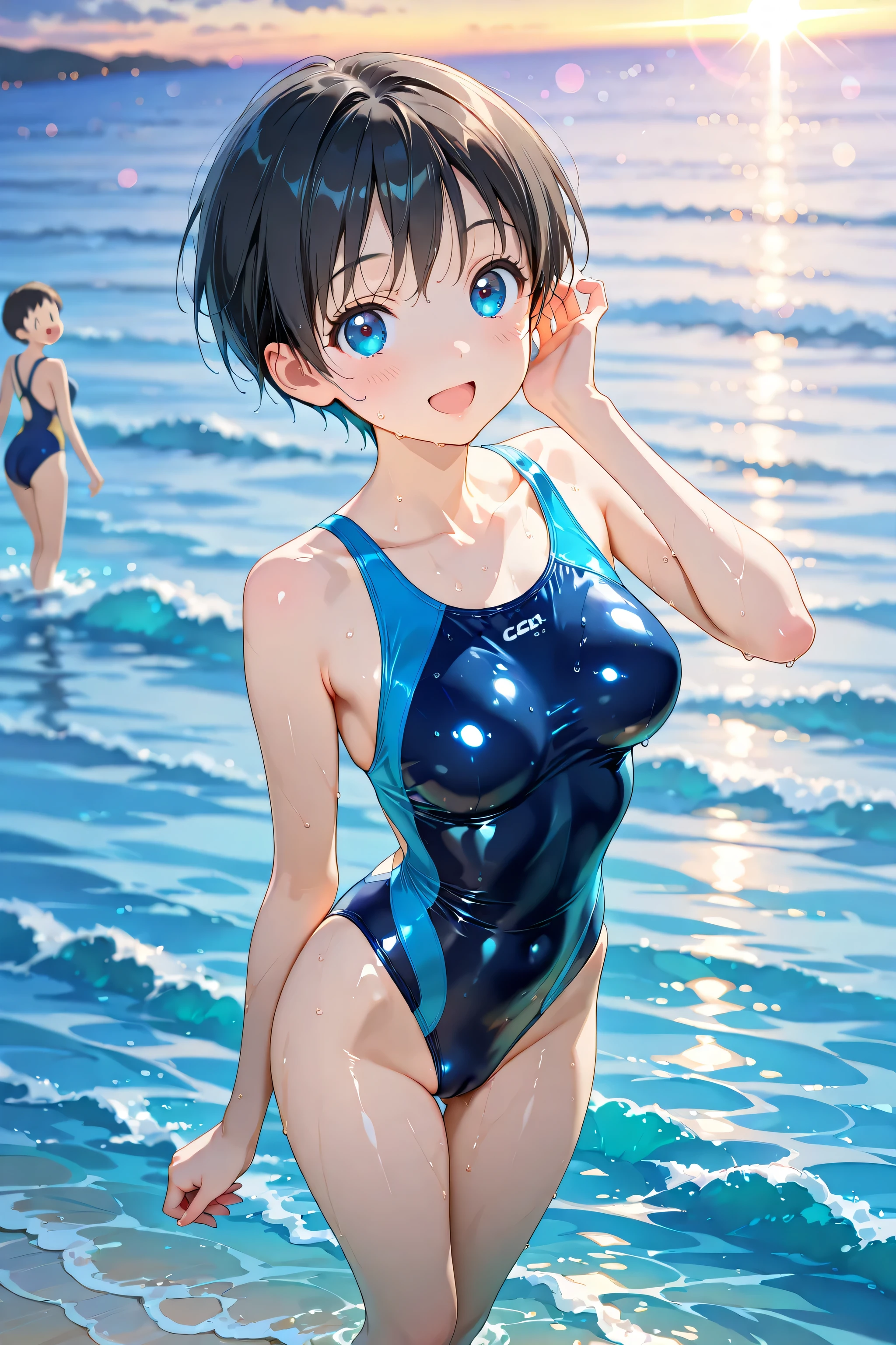 ((Highest quality)), ((masterpiece)), (detailed), ((Japanese)),10 years old, Black Hair,(Childish face), long hair, (Bob Hair), Girl ,Medium Breasts , ((Blue eyes)),half-smile , Sunlight , ((Naked)),(topless),((close_up)) ,((Lots of bubbles)), Thong swimsuit, ((Showcasing cleavage)),