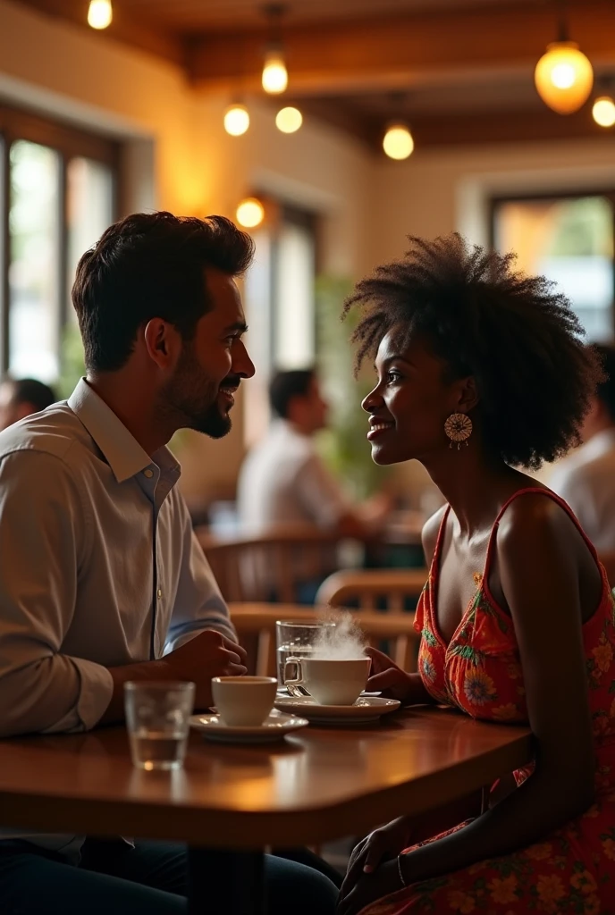 wearing one piece, in a cafe, closeup shot, full body, (high detailed skin:1.2),extremely detailed, 22 year old woman, 8k, with a man, High Detail, Sharp focus, modelshot, standing, black hair, indian woman, Wavy Cut with Curtain Bangs hairstyle, man standing beside her