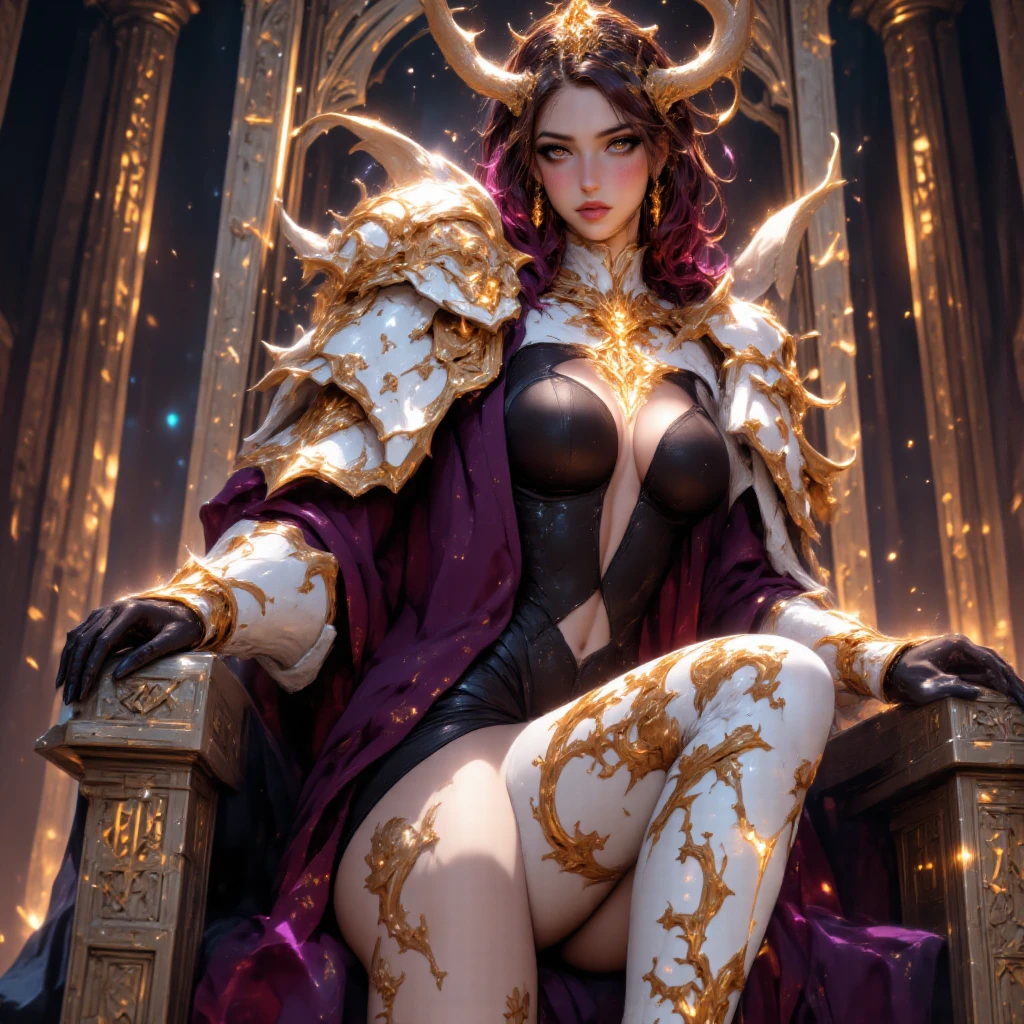 ((mulher de 45 anos)), cabelo roxo, seios pequenos, Epic scenery with slightly high night light, (corpo perfeito), vestindo uma armadura pesada de corpo todo, mysterious expression on the face, sentada em seu trono, (ultra detalhado: 1.3), (autadefinição: 1,6)