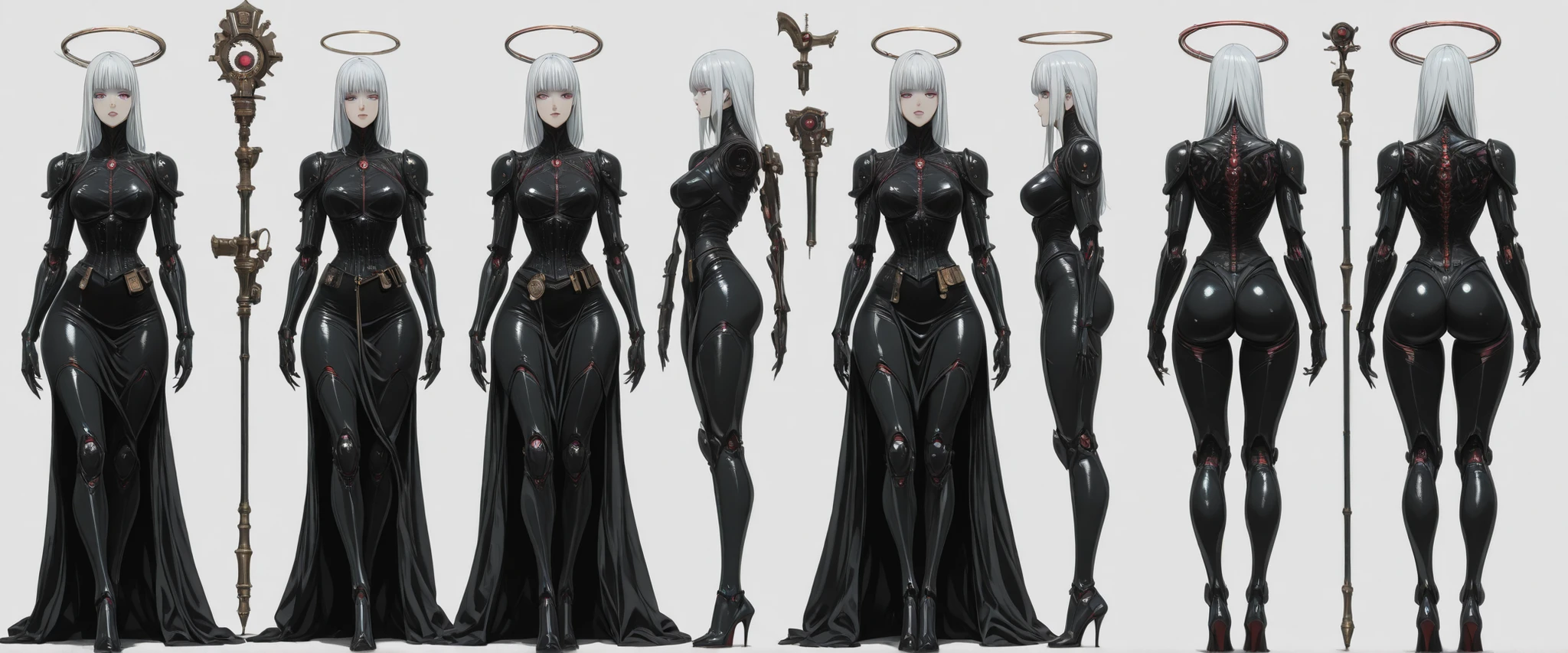 1:1 masterpiece, best quality, amazing quality, latest, very aesthetic, [[ 1 girl, she has bionic arms and wears a long cyberpunk gothic necromancer dress, the dress has a slit on the sides and allows you to see her leg, she wears black fishnet drag tights, her dress is low-cut and has a corset at the waist, with steampunk magic potions on her belt, she has large and voluminous breasts, her hair is white and long with straight bangs, she has mixed oriental features, she has purple eyes, in one hand she holds a futuristic arcane magician staff, she has a bionic halo made of metal and gold, on her spine she has a bright red bionic exoskeleton that runs down her spine, she has sharp curves, beautiful body, black nails, eyeliner, penetrating villain gaze]], front, side and back views, character presentation, [[white background]], character design layout, 3 sides, front back and side, front side and back view. [[FULL BODY]], [[Image showing your full body from head to toe]], front and side view in the same image, [[white background]], presentation of the character concept. no shading, flat colors in the 90s anime style with cel shaded. 3 tones, high resolution 32k, defined and detailed face, detailed eyes, high resolution, sharp image