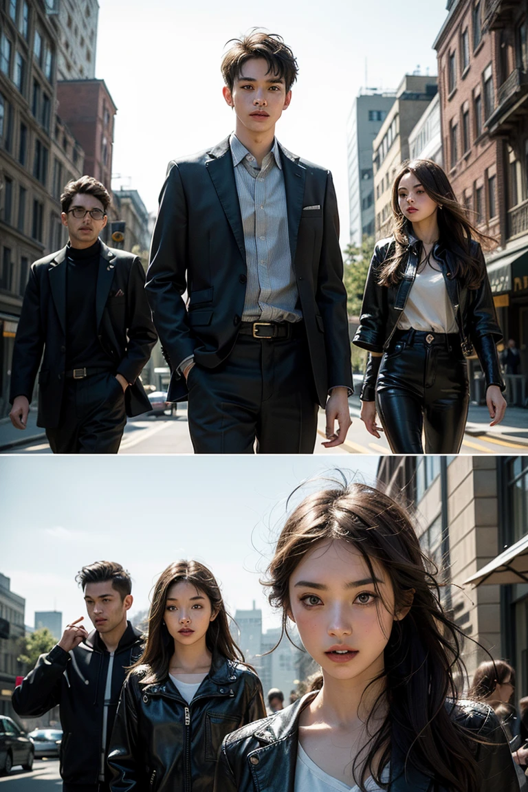 (巨作:1.2), (Best quality:1.2), (Extremely detailed:1.2), (Ultra detailed), 1girl and 2boys, street, ADDBASE 1girl and 2boys, 1boys, In black suit, body guard, sunglasses, standing, ADDCOL 1girl and 2boys, 1girll, Black bra, Black pants, white business suit, White coat, Long hair, Black hair, serious expression ADDCOL 1girl and 2boys, 1boys, In black suit, body guard, sunglasses, standing,