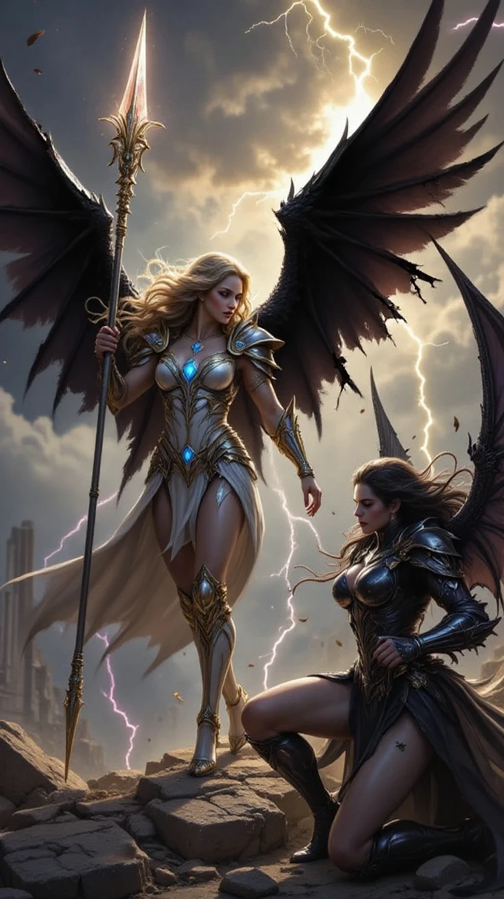 tmasterpiece，Super-High Resolution，An angel stands on a mountain rock and slashes at the flying demons，The battle of angels and demons，The two are fighting，The sky in the background is half overcast and half sunny，salama，The angel shines with light，The ugly devil has bat wings，twinsies，Two characters，