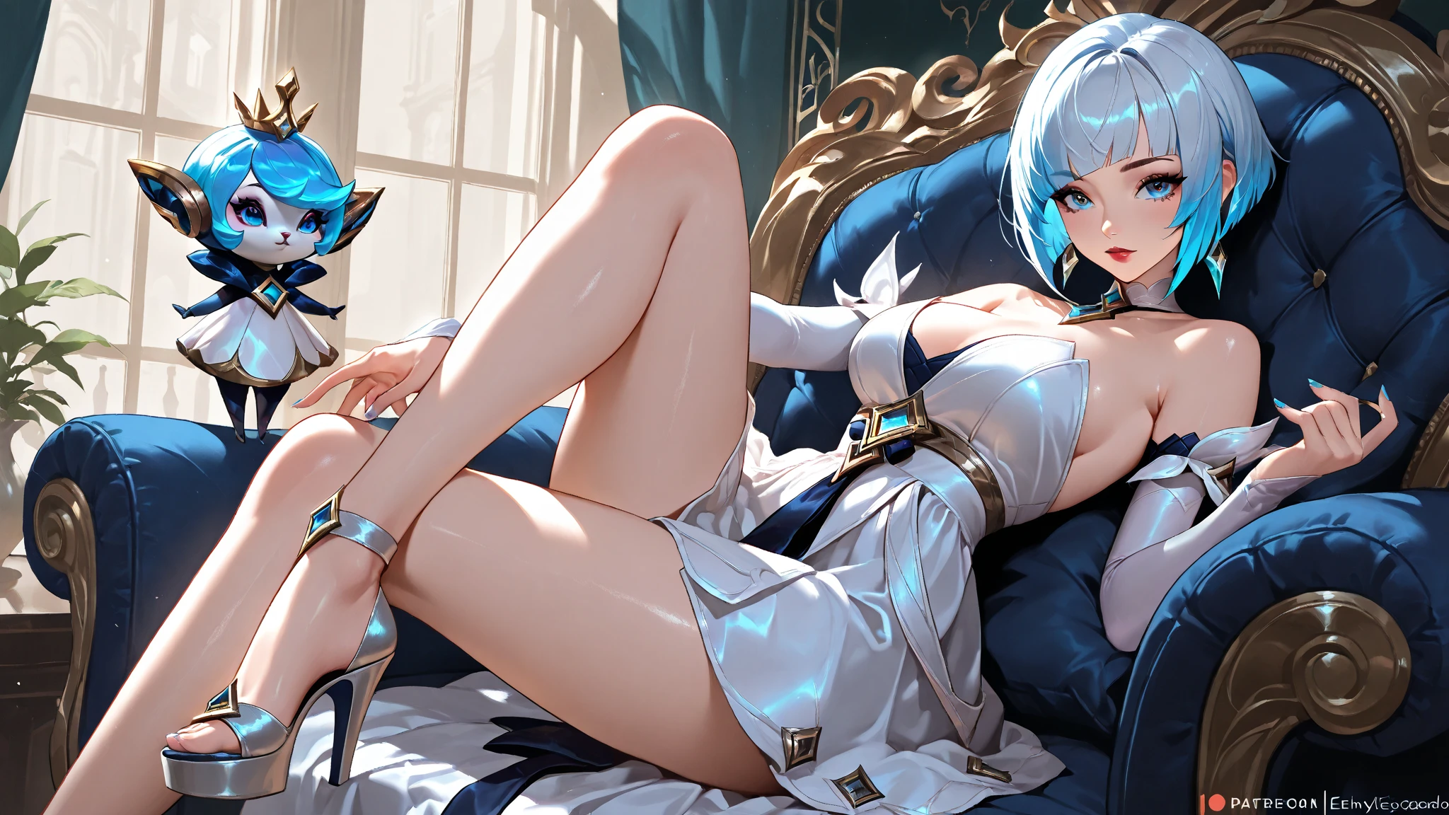 hatsune Miku、(ultra Realistic), (An illustration), (Highres), (8K), (highlydetailed), (the best illustration), (Beautiful Detailed Eyes), (beste Quality), (Super Detailed), (Master peace), (Wallpapers), (Detailed Face), solo, 1girl, Aristocratic dresses、White hair, Iris heterochromatic eyes, small moles under eye, medium chest, Long legs,Stunning composition,Foot braids,Beautiful and detailed legs