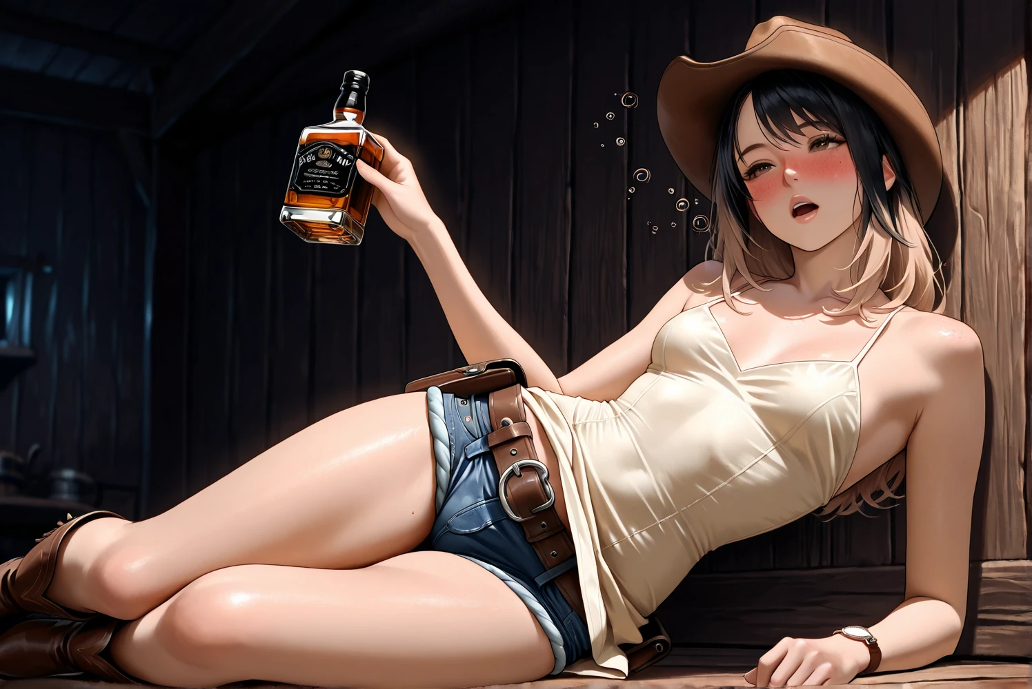 I can see all the way to my toes。Wearing fashionable clothes that emphasize the chest。Breast C cup。wearing shorts。hair tied back、He is provoking while looking at me and sticking out his tongue.。I'm in a dark, lit club。Angle from above。Getting drunk while drinking bottled beer