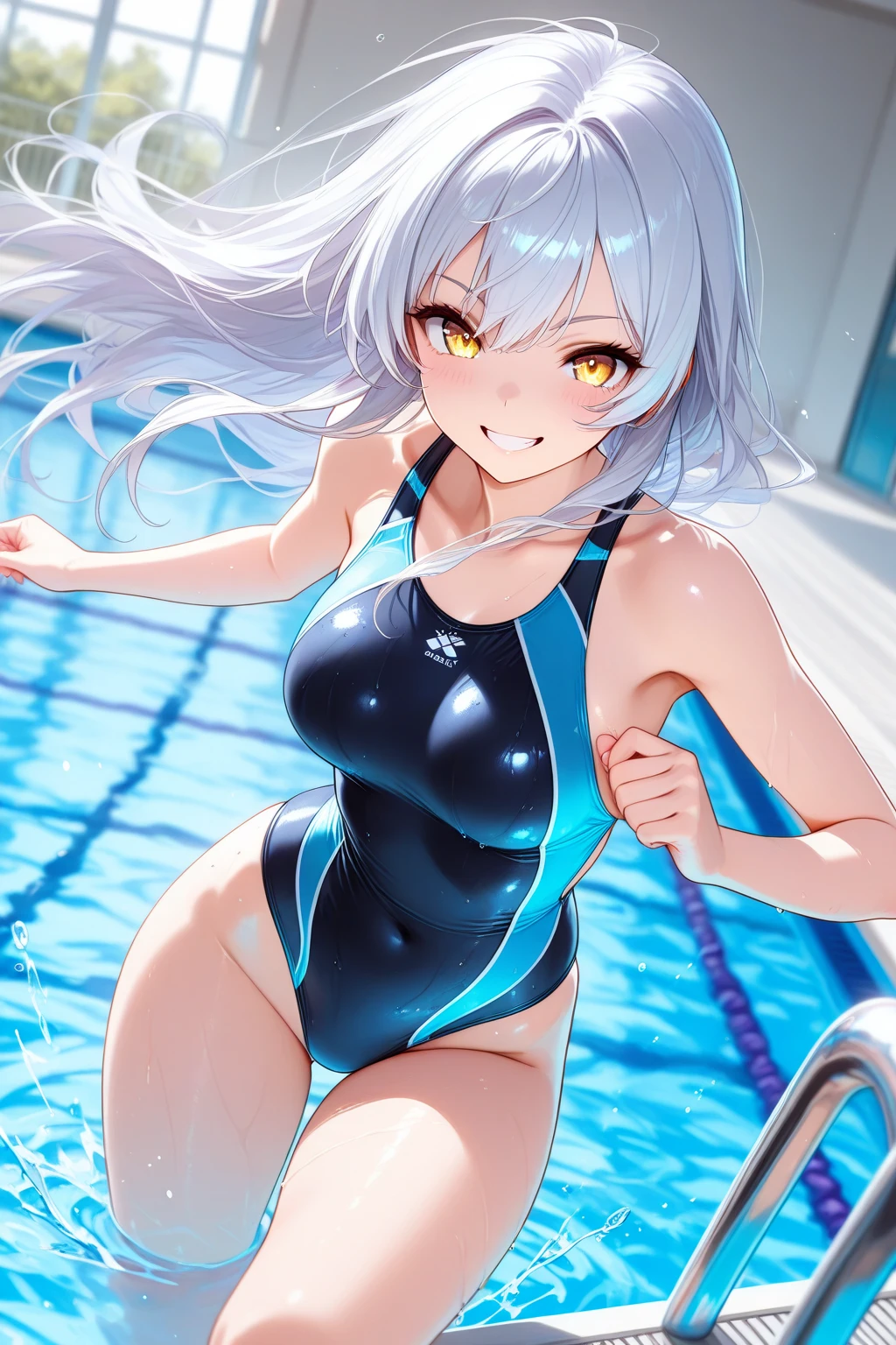 Masterpiece, super high quality, super detail, perfect drawing, solo, girl, swimming club, competitive swimsuit, swim cap, swim goggles, back figure, round and cute ass, butt thrusting pose, bulging bust top, blush, sweat, tanned skin: (1.5), bursting smile, 18 years old, blue sky, cumulonimbus clouds, shining sun, competitive swimming pool, ready to dive on the starting platform, standing body forward bend, stadium, Diagonal back shots, bust-ups, see-through