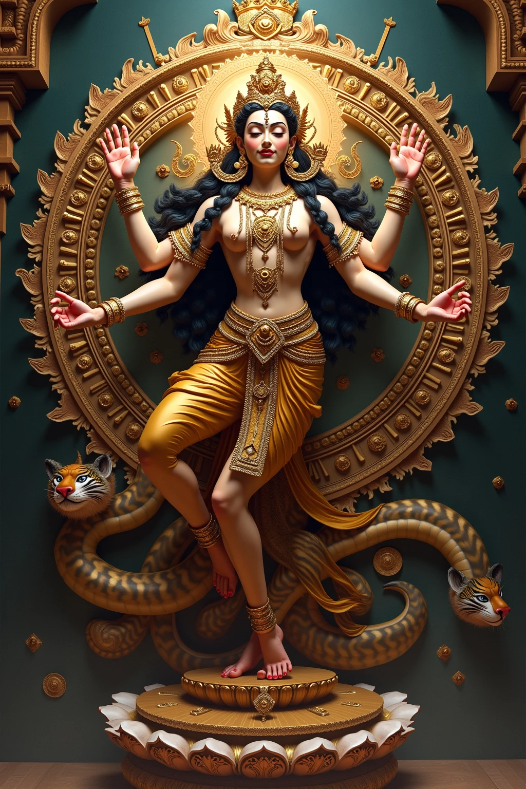 A beautiful statue of Shiva the Indian goddess, gold statue, full body shot, Dancing Position, (eight arms holding swords:1.4), beautifully handcrafted, with details and ornaments, absurdes, 8k, temple background