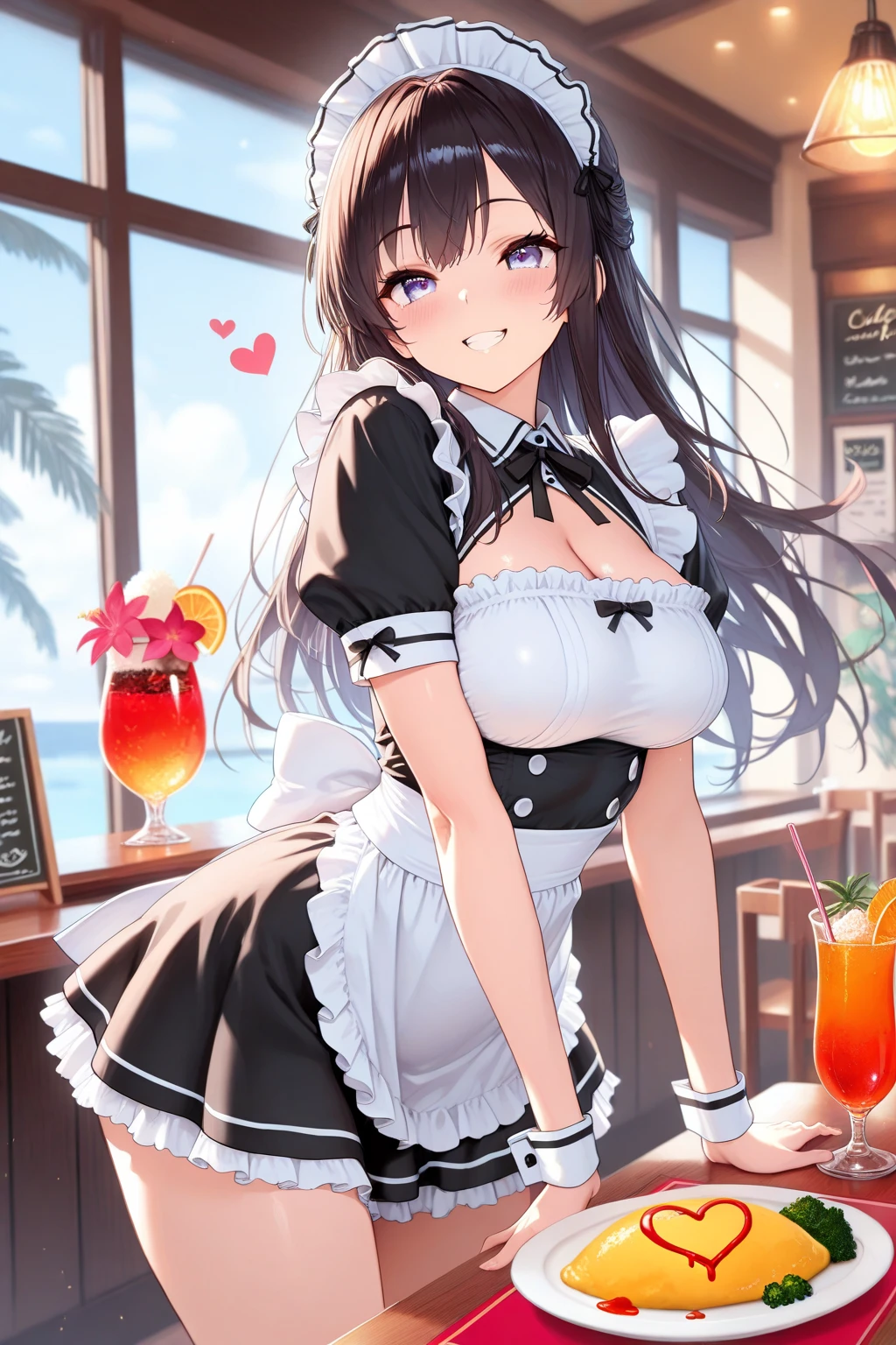 1girl, solo, hair ornament, (naked:1.3), (white apron), large breasts, cleavage, thighs, kitchen background, (blushing:1.3), naga, brown hair, ponytail, golden eyes, dark skin, gal, naga, lewd, she is wet, twin-tails,