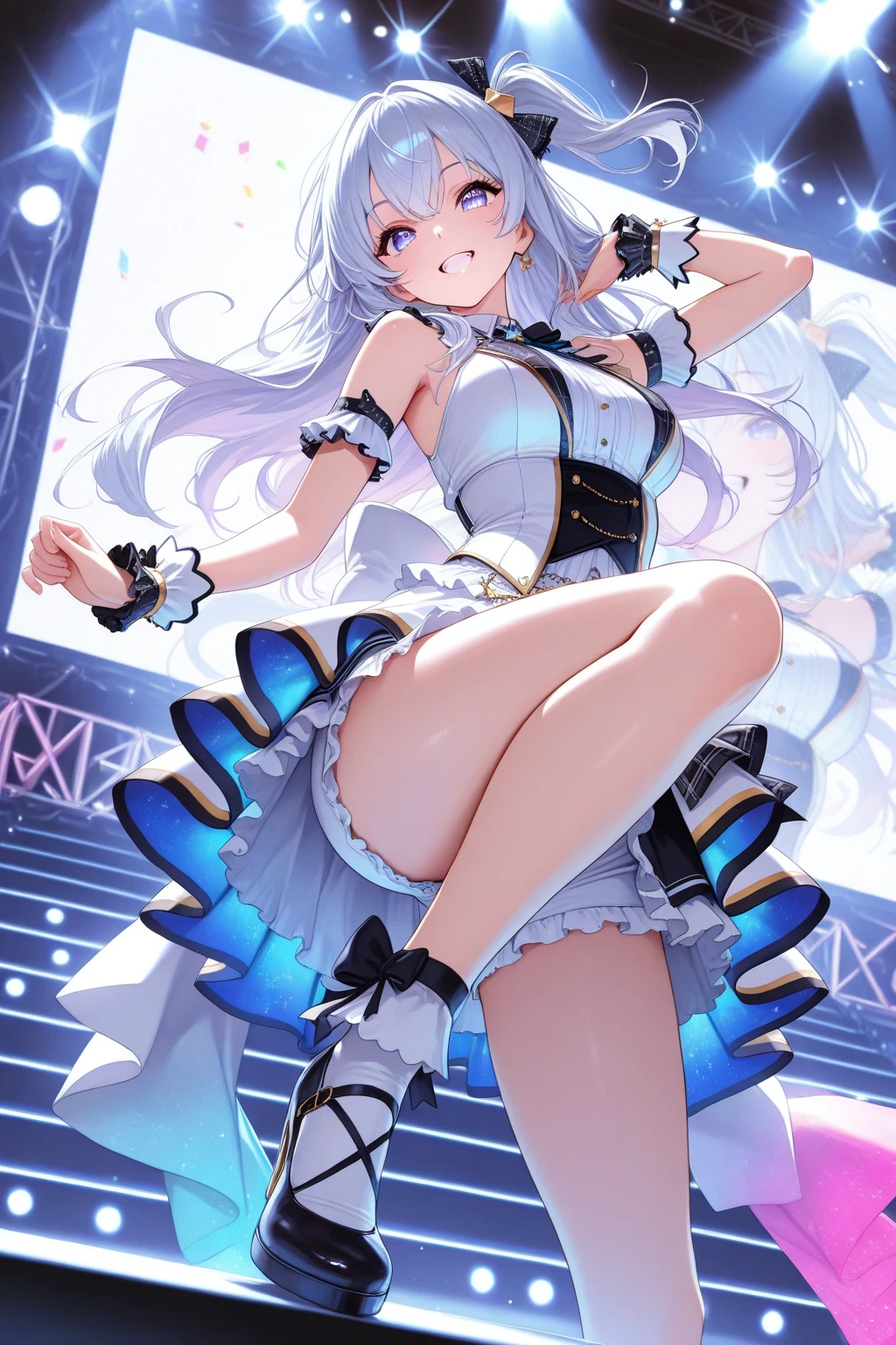 Silver Hair、Blue Eyes、girl、Small breasts、Twin tails、girl、Small breasts、Lolita、Bright smile、Looks about 15 years old、Petan Musume、He is short、目のhighlight、Sexy thighs、Idol、Sing with a microphone、Mine-based costumes、Showing armpits、Your eyes are so beautiful、highlight