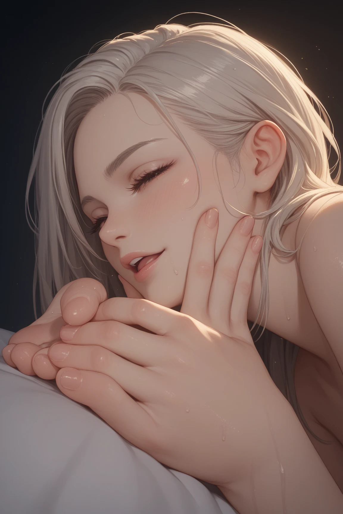 masterpiece, 4k, best quality, highly detailed, nsfw,1girl,1boy,young female,nude,(deepthroat:1.2), full blish hair, Full dark eyes, long white hair, medium breasts, anus Focus, Crying, drooling,