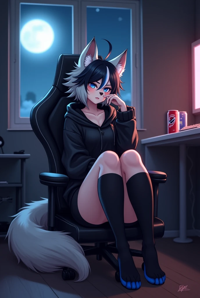 [ggas_fishnet], [Claire (the summoning)], [Uploaded to e621.net; (Pixelsketcher), (wamudraws)], ((masterpiece)), ((1girls)), ((solo portrait)), ((full body)), ((furry; anthro)), ((detailed fur)), ((raytracing)), ((detailed shading)), ((beautiful 3D art)), {anthro; (white fur, black nose), pink pentagram on forehead, long blue hair, dark blue slit eyes, frown, (short sleeve black tee shirt, tight denim skirt)), (goth boots; dark blue laces), (fishnet thigh highs:1.3), (camel toe:1.2), (light blue panties:1.3), (beautiful feet:1.4), (foot on table:1.2), (black claws:1.3)}, ((sitting on couch; (attractive pose:1.3))), [background; (living room; nighttime, (window; (starry sky:1.2))]