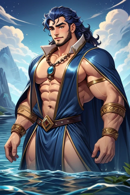 Poseidon Knife,a Greek man god with brown hair and beard with some white hair, carrying a trident, he will be tall,stark,with muscles so thick and enormous that they are about to leave the body,virile and very masculine wearing ancient Greek costumes and leaving his chest and abdomen exposed,he kisses the goddess Gaia with great lust,a Greek woman goddess with orange blonde curly hair,beautiful face and body,wearing sensual blue and green Greco Roman costumes that would leave her body semi-nude,she will have slightly darker skin and huge breasts, she would also use a blue cape that Poseidon would be subtly removing,the scene would take place in a forest with Greco Roman architecture ,the couple would be kissing and Posseidon would be squeezing Gaia's buttocks