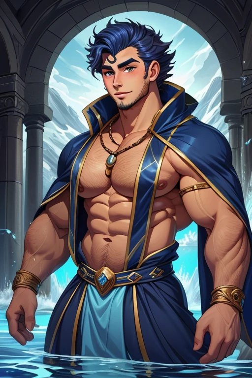 Zeus made,a Greek man god with white hair and beard,Cao Cao,stark,with muscles so thick and enormous that they are about to leave the body,virile and very masculine wearing ancient Greek costumes and leaving his chest and abdomen exposed,he kisses the goddess Hera with great lust,a Greek woman goddess with orange blonde curly hair,beautiful face and body,wearing sensual Greco-Roman costumes that would leave your body semi-nude,she would also use a blue cape that Zeus would be subtly removing,the scene would take place on Mount Olympus, a place with Greco-Roman architecture