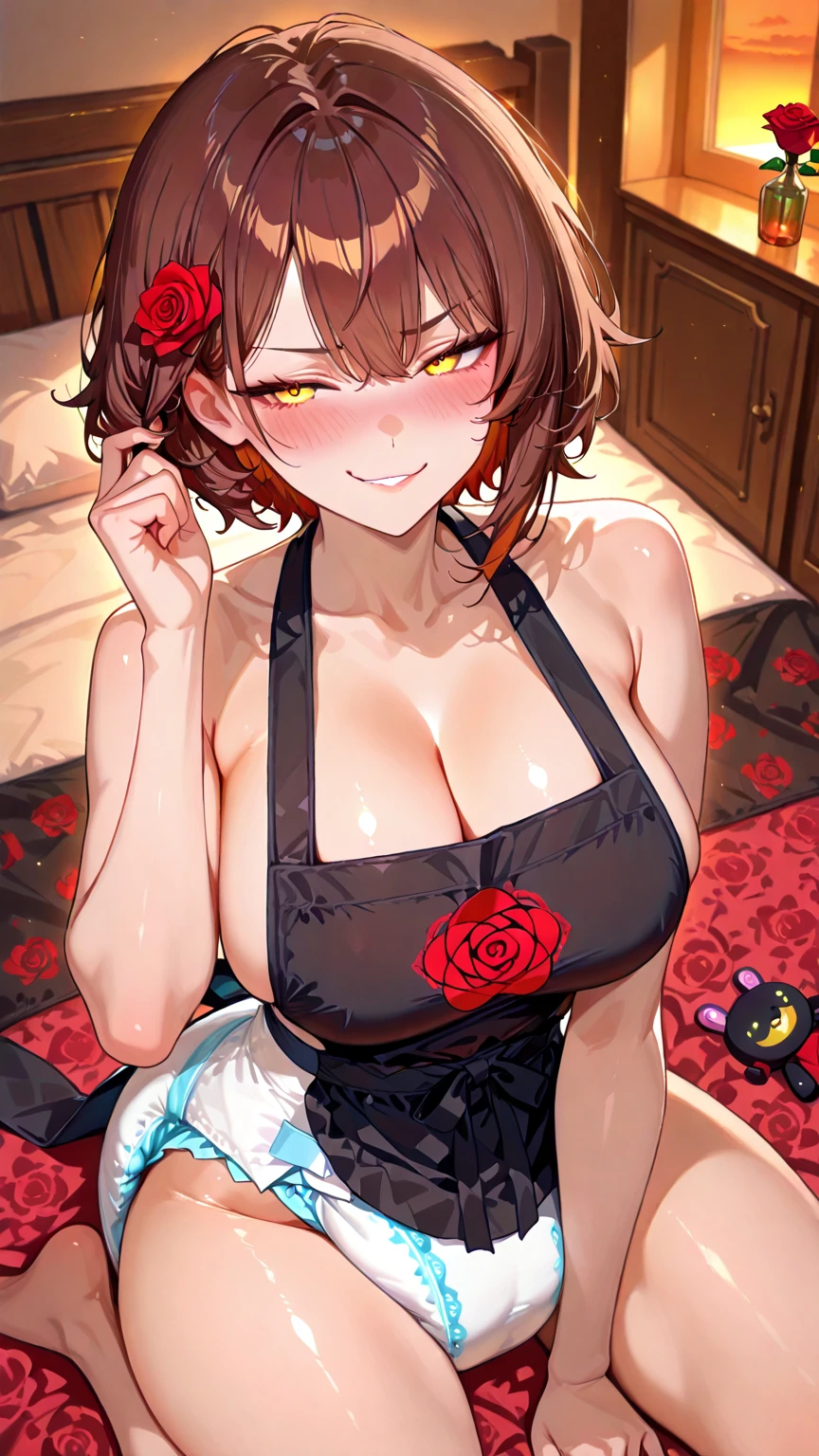 score_9, score_8_up, score_7_up, 1girl, solo, hourglass figure, Big breasts, kemonomimi, bear ears, brown hair, short hair, messy_hair, blue eyes BREAK freckles, shiny dress, red dress, elbow gloves, purple gloves, bare shoulders, strapless, sitting on bed, indoors, blush, drunk face, looking at viewer, smile, open mouth, champagne bottle, fancy bedroom, window, night time, starry sky 
