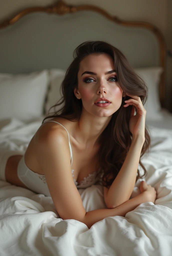 Beautiful nude horny girl wearing a white white dress cover in the bed and seduceing his husband by show her bum and sucking her finger and other hand on her pussy