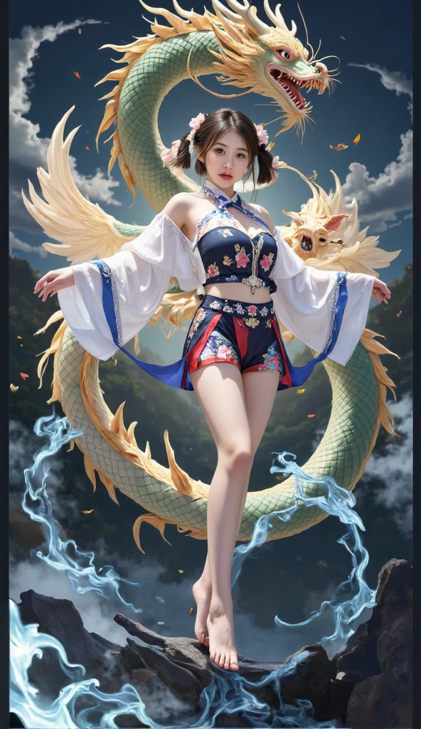 Official Art, Unified 8K Wallpapers, Ultra Detailed, Beautiful and Aesthetic, Masterpiece, Best Quality, (Zentangle, Tangle, Entangle), (fractal art: 1.4), (character center: 1.3), 1girl, black hair, Chinese, off-the-shoulders, short skirt, calf, navel, very detailed, dynamic angle, cowboyshot, (most beautiful form of chaos), ethereal, (bright colors), oc, (half: 1.2), china, (thangka flying sky: 1.5), (ribbon: 1.3), (dream: 1.5), (hanfu: 1.5), Chinese dragon, Chinese phoenix, (smile: 0.5), ( Chinese deities),