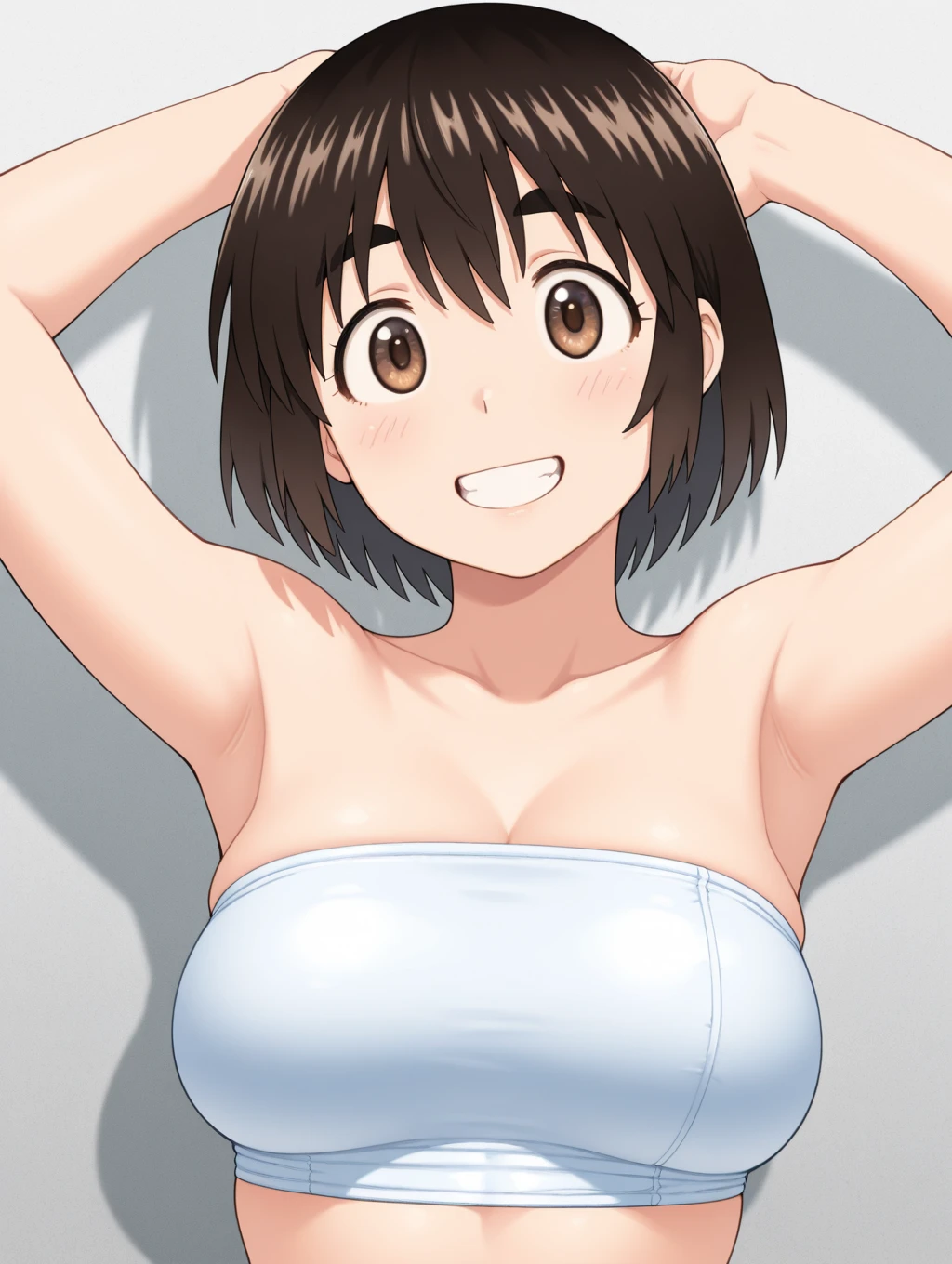 、(masterpiece、Highest quality)、Highest quality, Ultra-high resolution, (((masterpiece))), alone, Sweat、Big eyes, Composition from the front、Shortcuts、Embarrassed face、Bronze colored hair、Cut the back hair short、Bathroom、Shower scene、 Expose、Completely naked、pubic hair、belly button、Large areola、Nipples、short hair