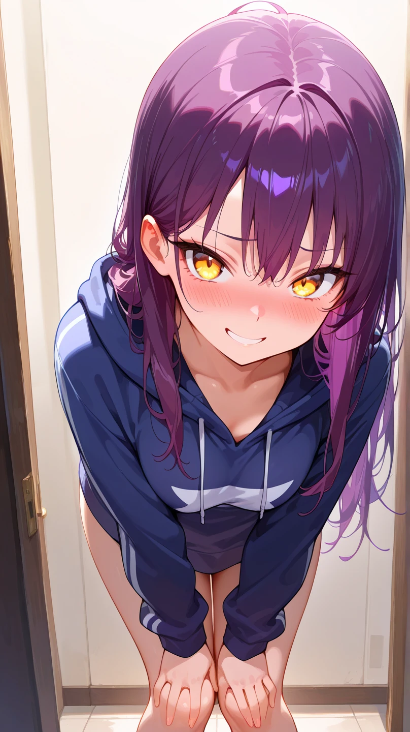 A purple-red haired anime girl in a jacket with open shoulders, revealing her beautiful blue-purple nipples, purple-black eyes, 10-inch breasts, wearing only gray panties, is masturbating in the bathroom and is seen by a naked, horny man.