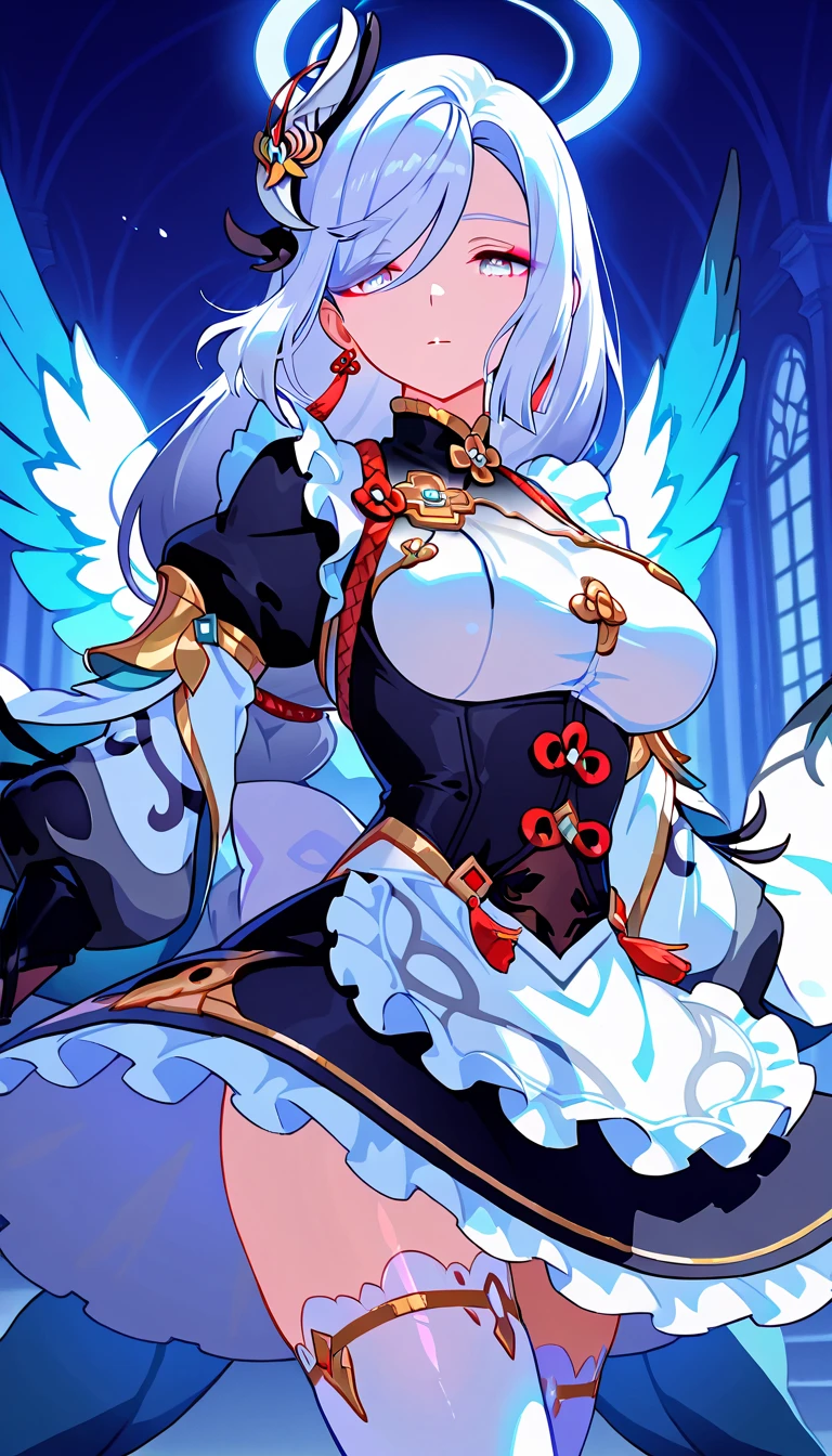 NSFW,((1 man and 1 woman,doing tit fuck)), Paizuri squeeze,paizuri,breasts blowjob,breast in 1penis,tobiichi origami angel,short hair,white hair,white skirt,fascinating thighs,Ahegao,simple background,Highest image quality,masterpiece
