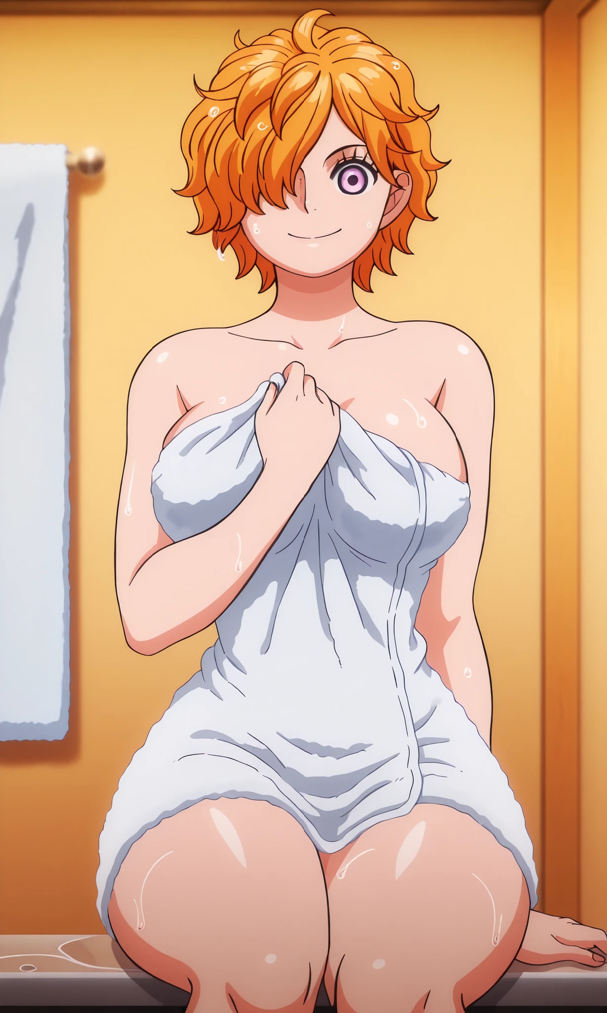 ((最high quality)), high quality, High resolution, Absurd, Very detailed, Best Anatomy, Detailed eyes, Perfect Eyes, Mature Woman, Namiend, No pants, No pants, No shirt, Twin tails, Brown eyes, White While taking off his shirt, Orange Hair, short Twin tails, Folded sleeves, ((Detailed nipples)) show off nipple Big Breasts Beautiful breasts Cleavage Emphasis Butt Emphasis A boy grabs her breasts from behind nsfw, (breast squeeze:1.3) (bra lift) bare breasts ((pubic hair)) ((nsfw)) cum bukkake orgasm M-shaped legs Squirting