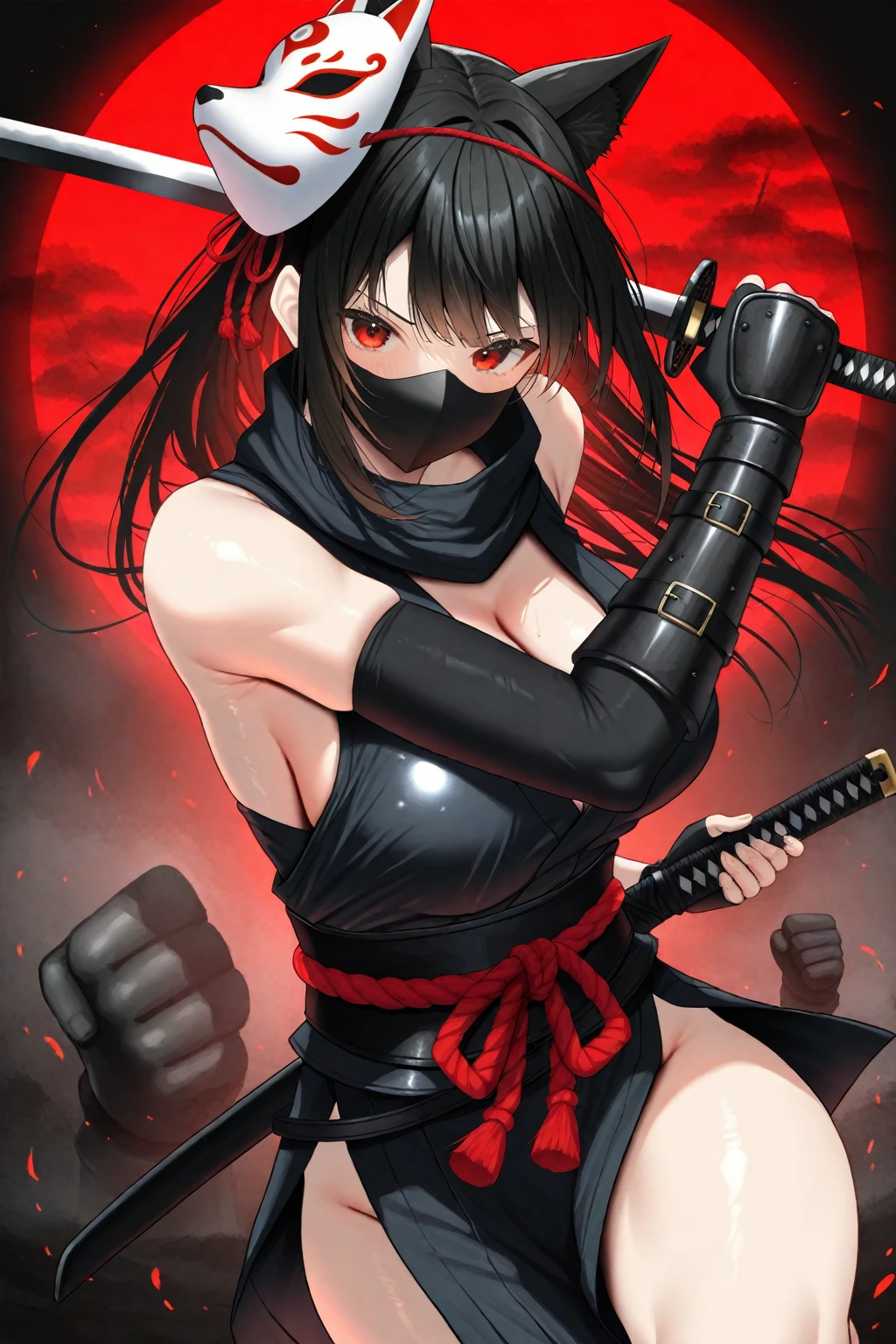 simple background, monochrome, horror (theme) there is a broken picture, black paint splatted, red blood splatted, smoked, red blood (((anime girl character))), big boobies, wearing a mask, (((she is holding a bloody samurai sword)))