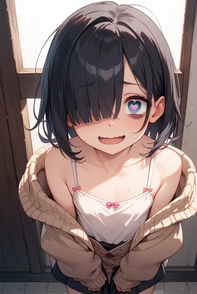 from above,face focus,open mouth,tongue out,cum on tongue,lick,(1girl,Beautiful 16 year old girl),((Slender,Baby Face,Small face)),looking at viewer,looking ahead,look up,Black Hair,bangs,two side up,Gray Eyes,Drooping eyes,slit pupils,narrow eyes,sexy sweater,midriff peek,bare shoulder,Denim shorts,Beautiful and detailed anime art,Mischievous smile,Dimly lit room,Simple Background,Gray background,Low lighting
